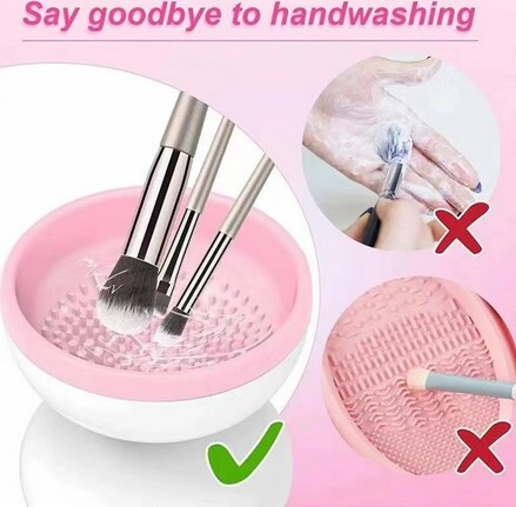 Make-up-Pinselreiniger mit Pinseln, rosa Schüssel und Handwaschalternativen mit roten X-Markierungen.