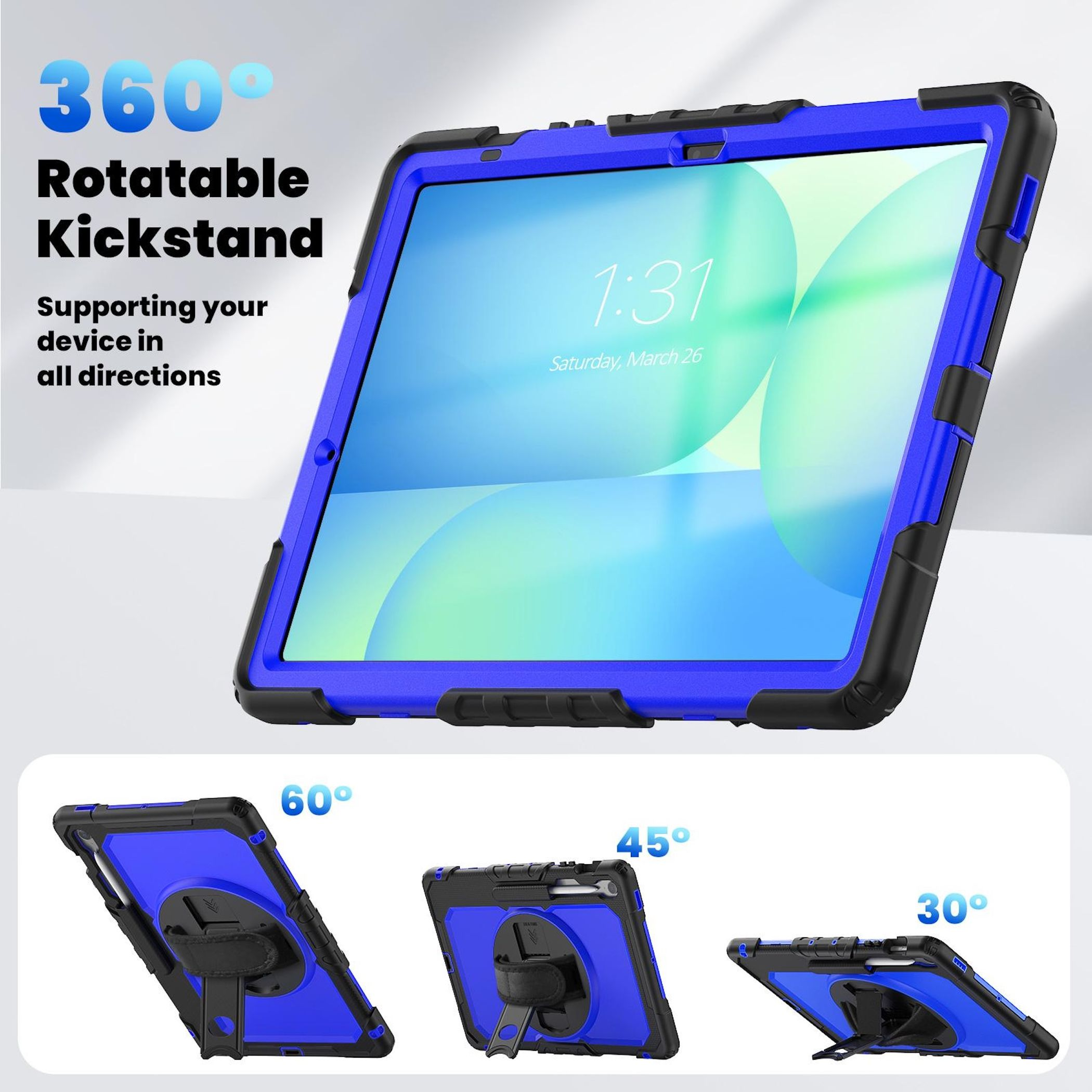 Ein Tablet in einer blau-schwarzen Hülle mit Ständer. Der Bildschirm zeigt Uhrzeit und Datum. Winkel 60, 45 und 30 Grad gezeigt.