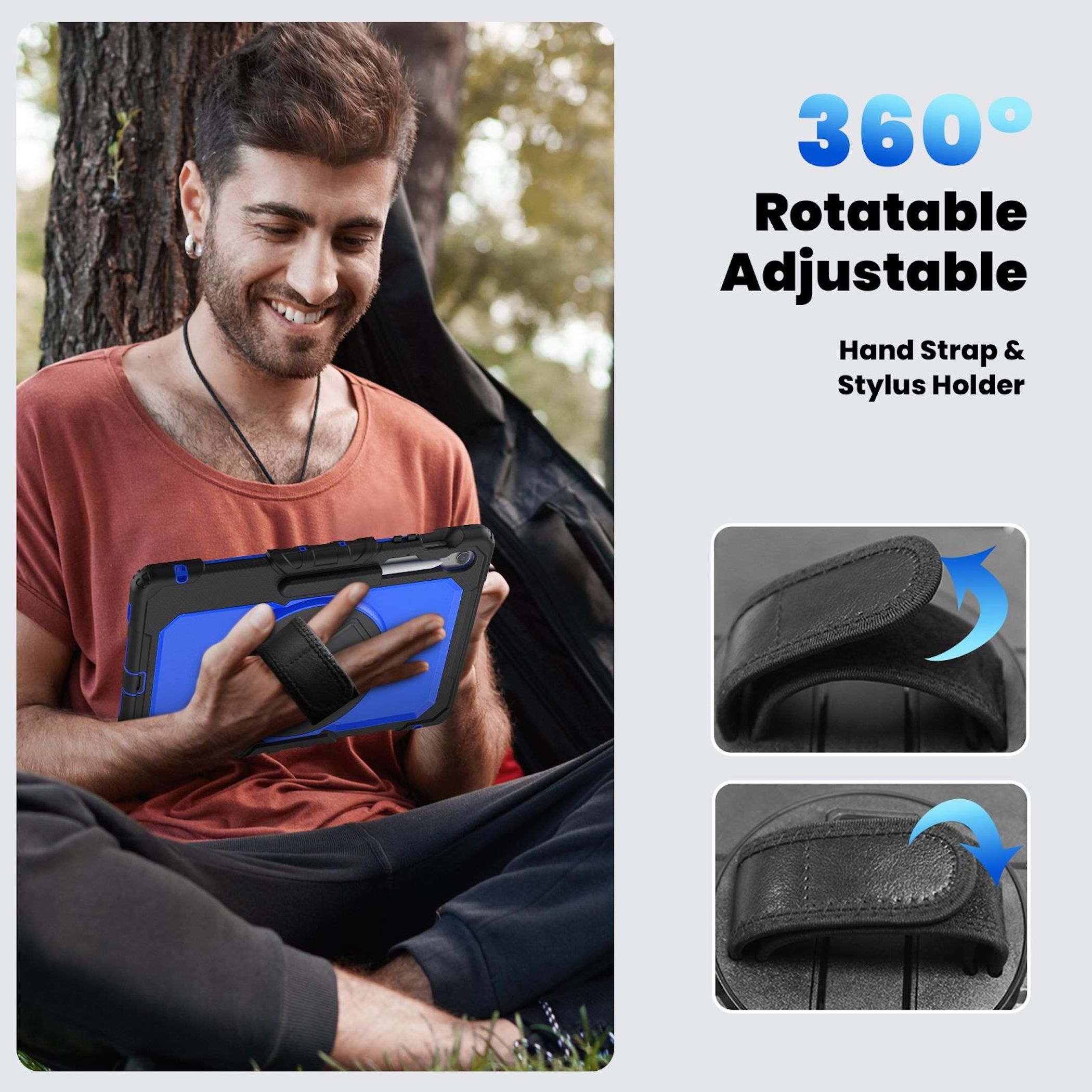 Ein Mann lächelt und hält ein Tablet mit blauem Gehäuse. Text beschreibt einen 360° drehbaren und verstellbaren Handriemen und Stifthalter.