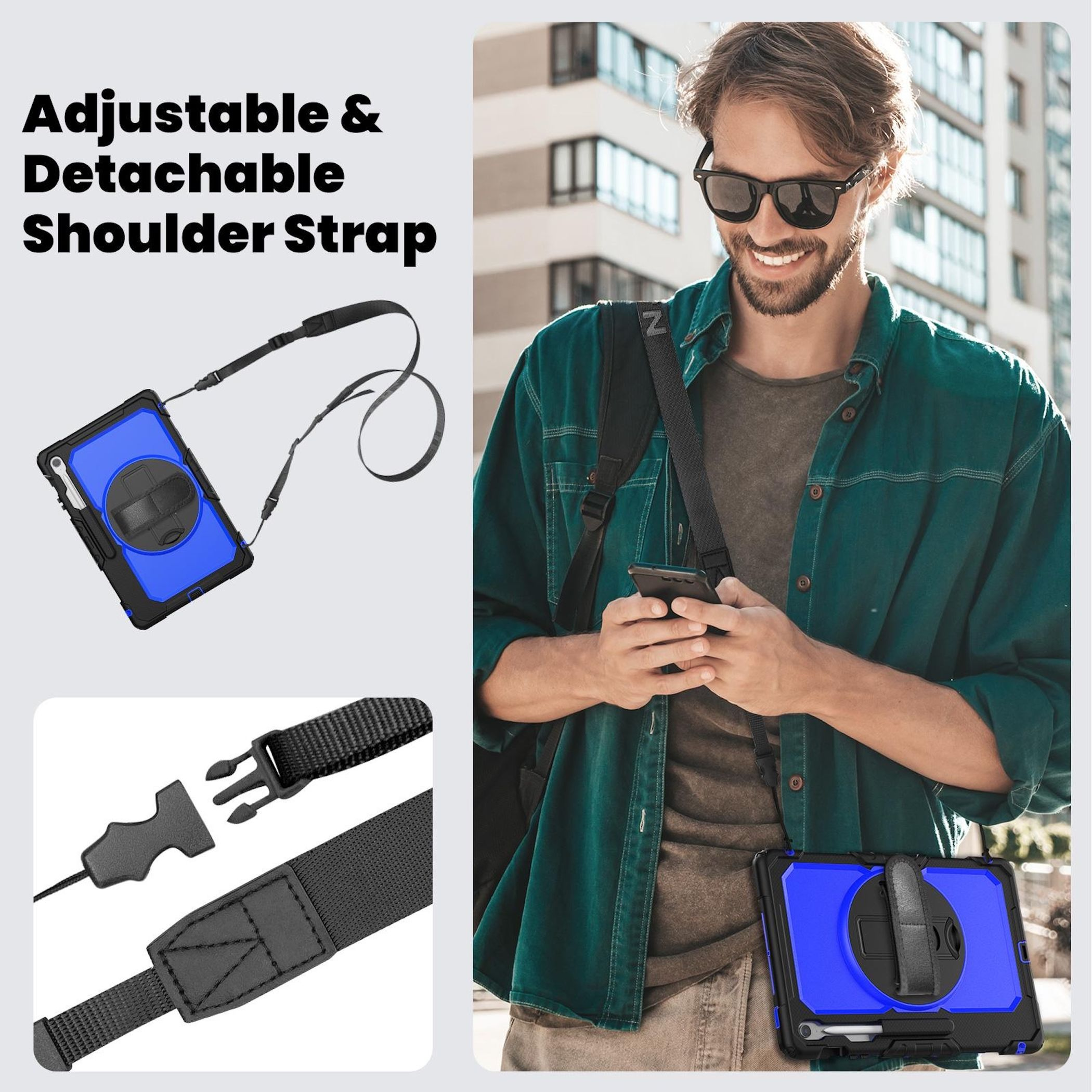 Ein Mann mit Sonnenbrille, der ein Telefon hält, ein Tablet in einer blauen Hülle mit Schultergurt. Der Text lautet 'Verstellbarer & abnehmbarer Schultergurt'.