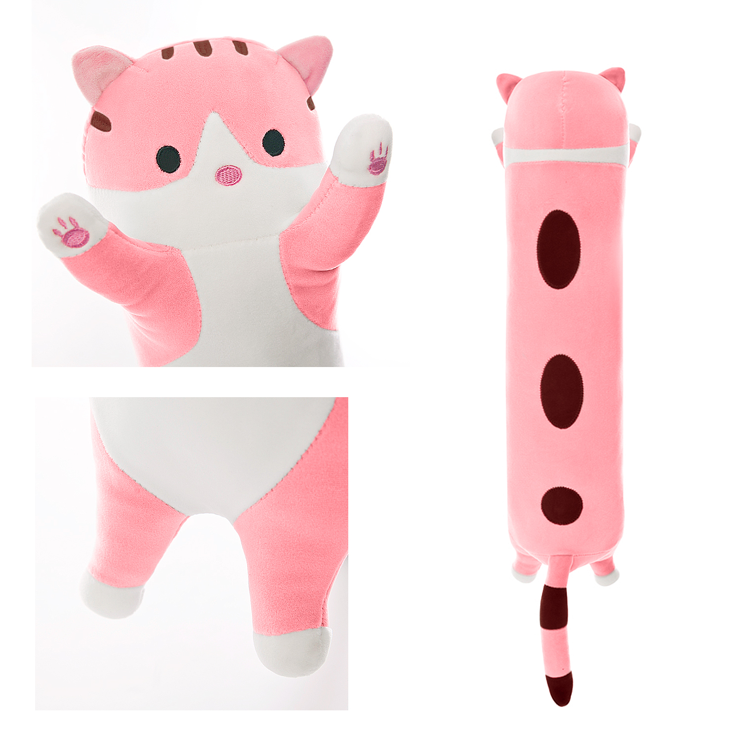 Un peluche a forma di gatto rosa con dettagli bianchi. Il gatto ha strisce marroni, muso bianco e occhi neri. Un'immagine lo mostra da diverse angolazioni.