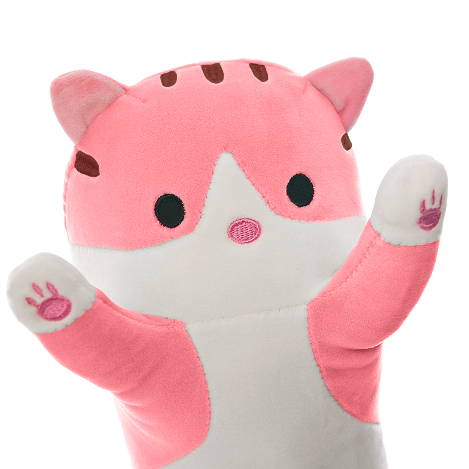 Un peluche a forma di gatto rosa e bianco con macchie marroni e zampe alzate. Ha occhi neri e naso e zampe rosa ricamati.