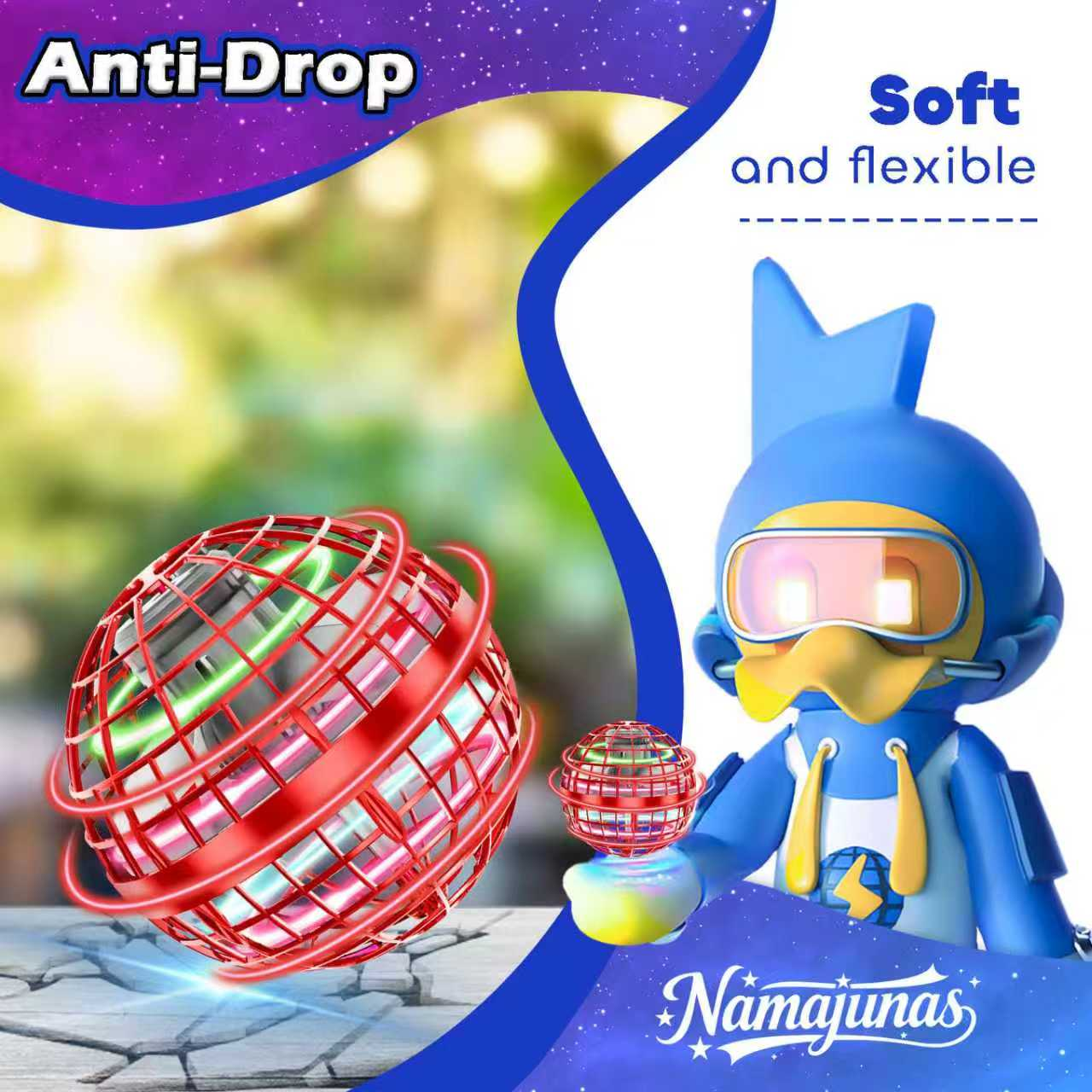 Eine blaue Cartoonfigur hält einen roten Ball. Der Ball ist mit roten Lichtern umgeben. Text: Anti-Drop, Soft und flexibel, Namajunas.