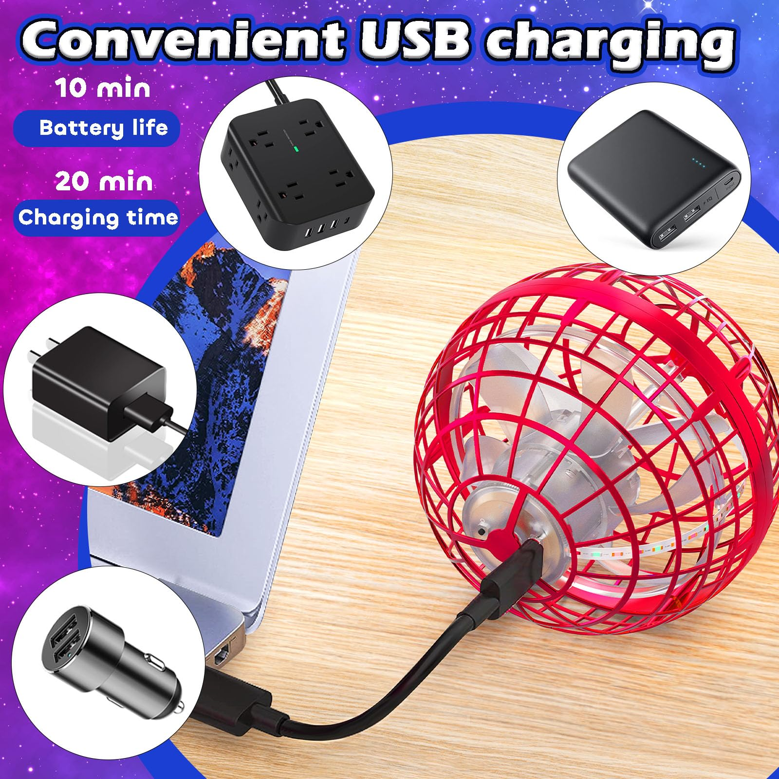 Das Bild zeigt USB-Ladeoptionen, darunter eine Steckdosenleiste, ein Ladegerät und einen roten Käfig mit einem Ventilator.