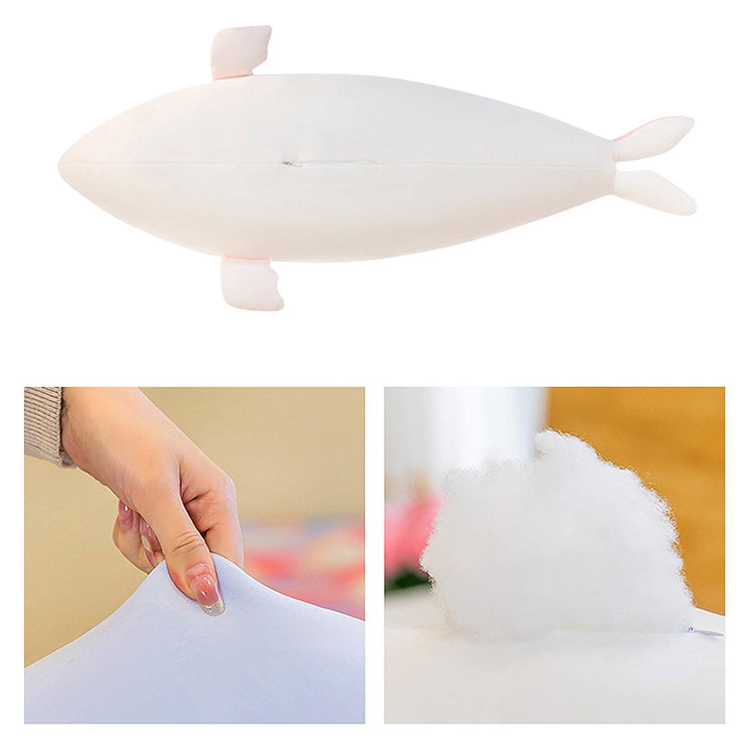 Una balena di peluche bianca con pinne rosa. Sotto, una mano tira il tessuto azzurro di un cuscino. Viene mostrata l'imbottitura di cotone.