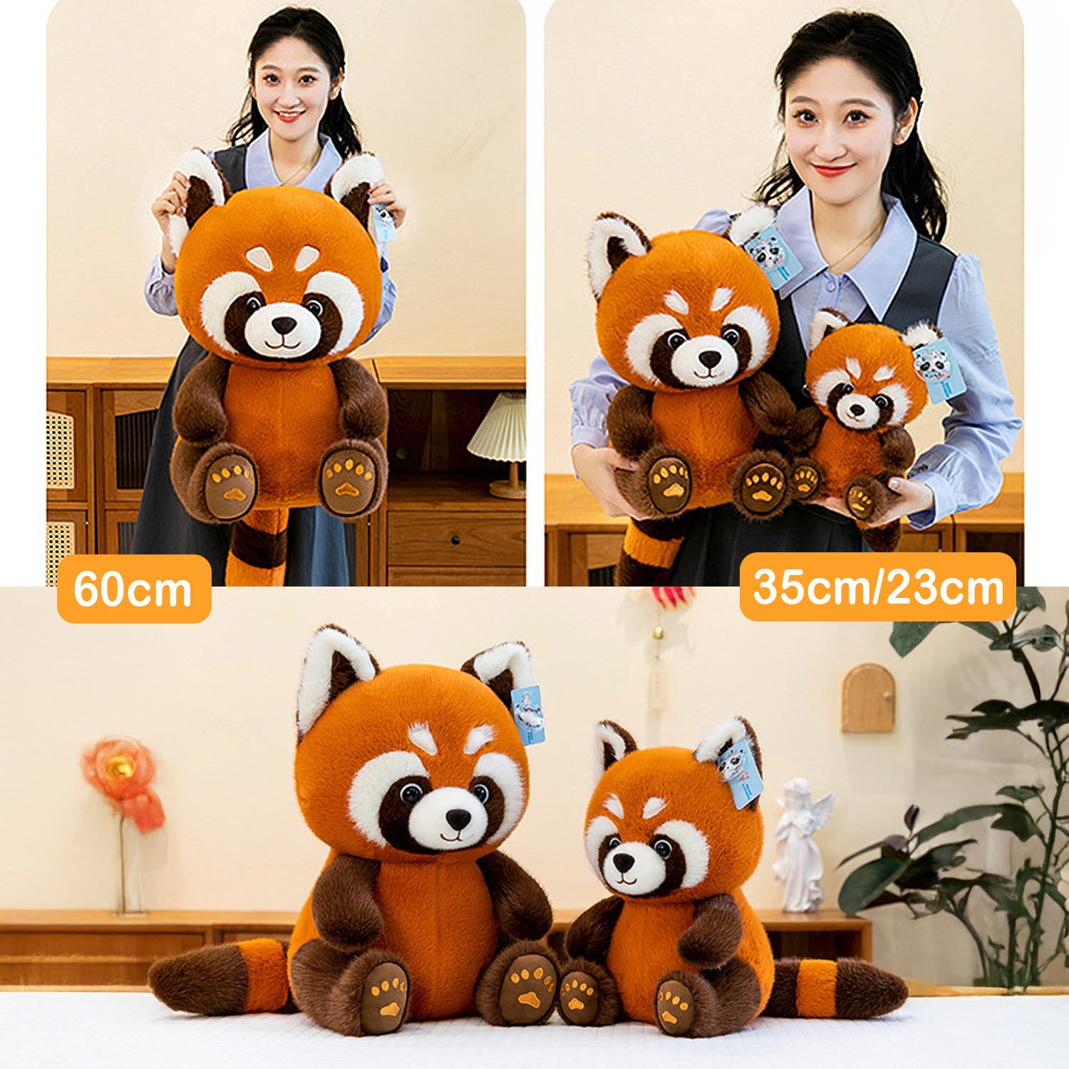 L'immagine mostra una donna che tiene in mano un peluche di panda rosso. Il giocattolo è arancione, marrone e bianco. Ci sono due taglie del giocattolo.