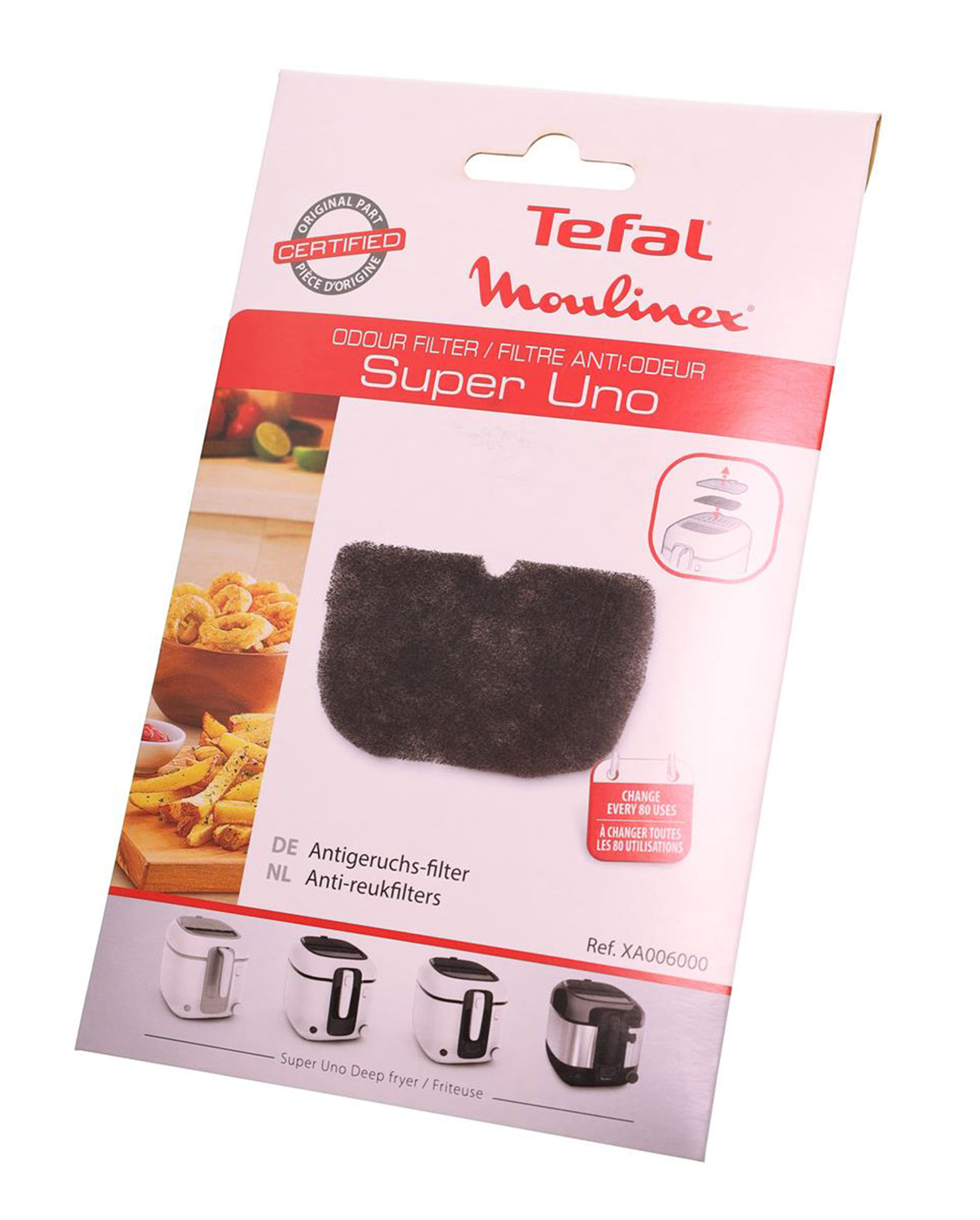 Eine Tefal Moulinex Super Uno Geruchsfilterverpackung. Die Verpackung hat einen schwarzen Filter und Produktdetails. Die Verpackung ist weiß und rot.