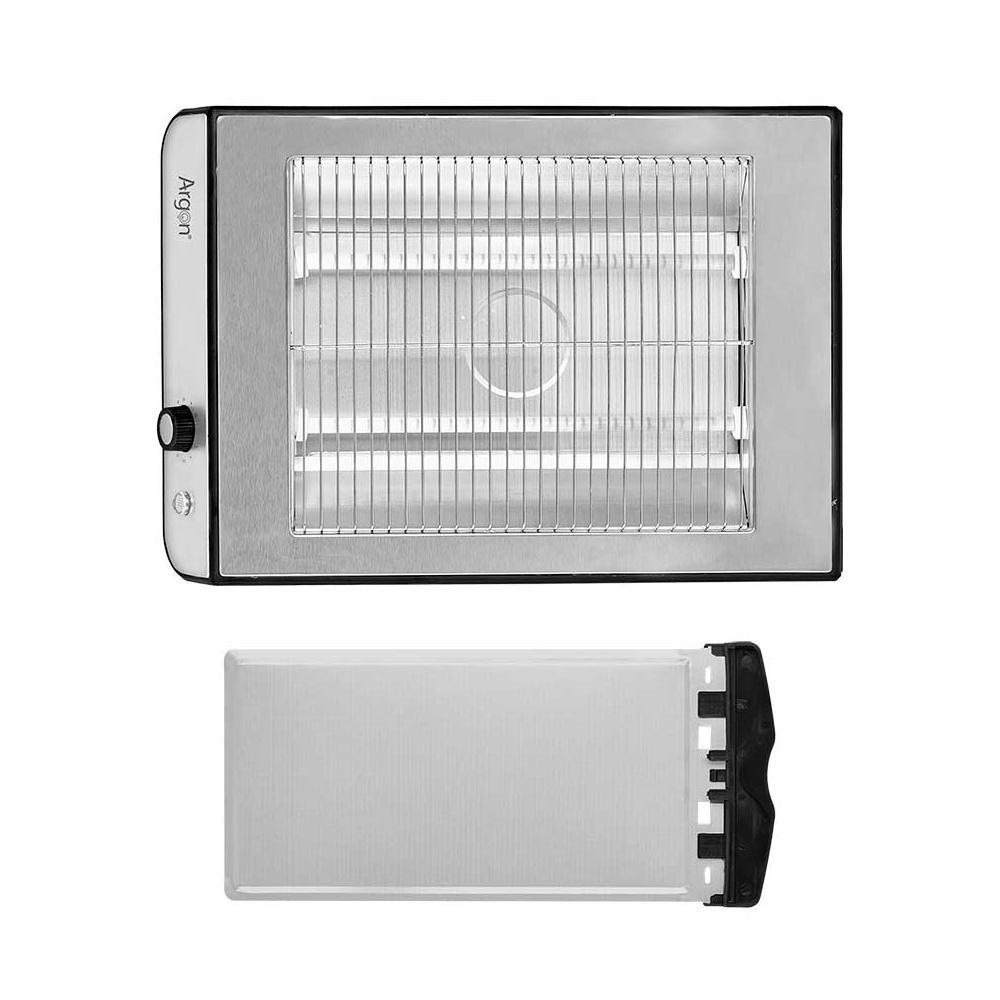 Un termoventilatore elettrico argento e nero con elemento riscaldante e vassoio rimovibile. Il marchio Argon è visibile.