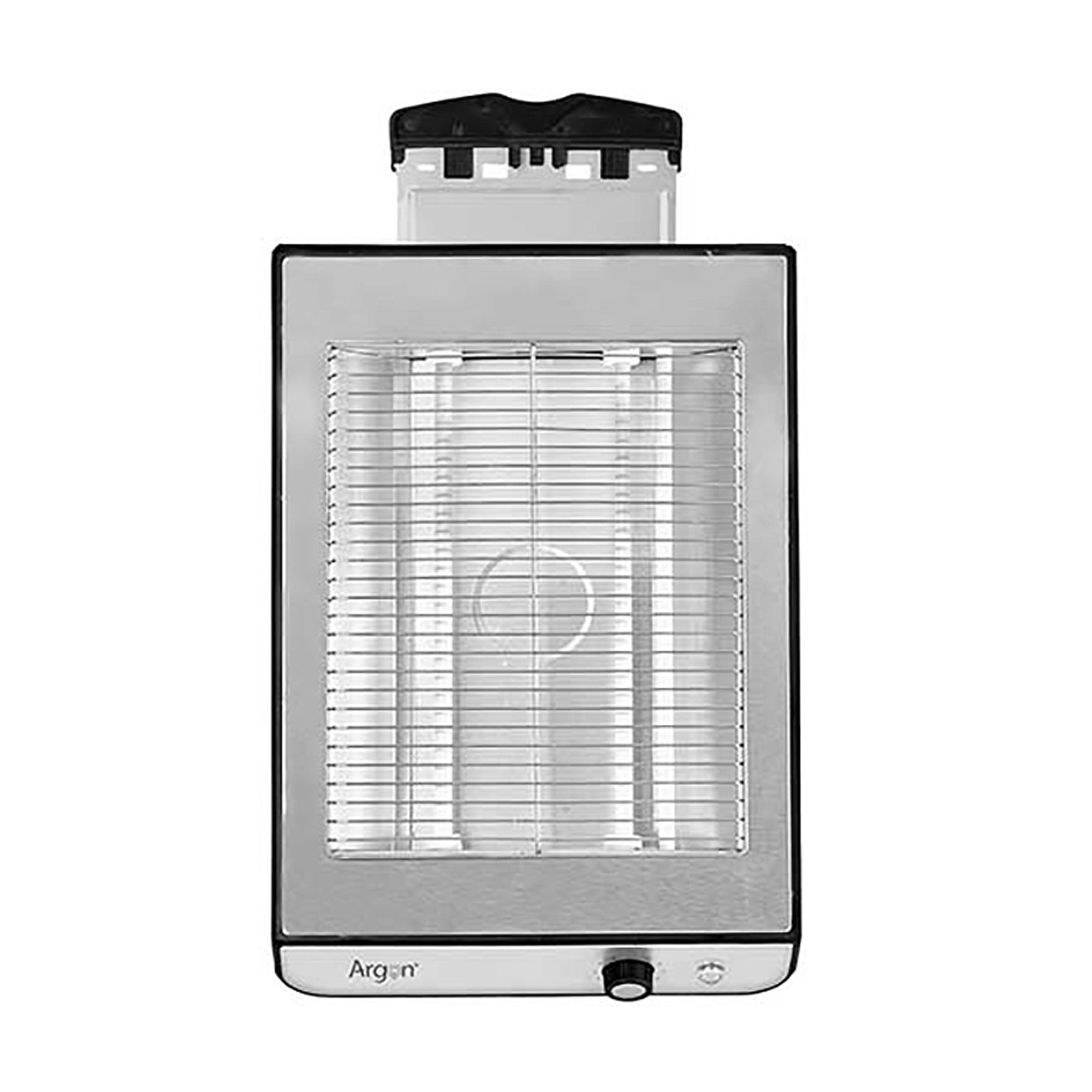 Un termoventilatore elettrico argentato con la parte superiore nera. Ha una griglia metallica e una manopola.