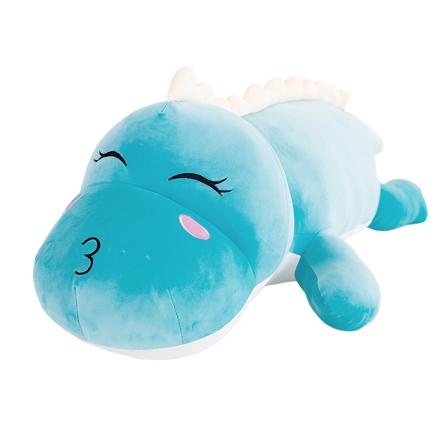Un dinosaurio de peluche azul con los ojos cerrados y el número 3 en la cabeza. Tiene mejillas rosas y vientre blanco.