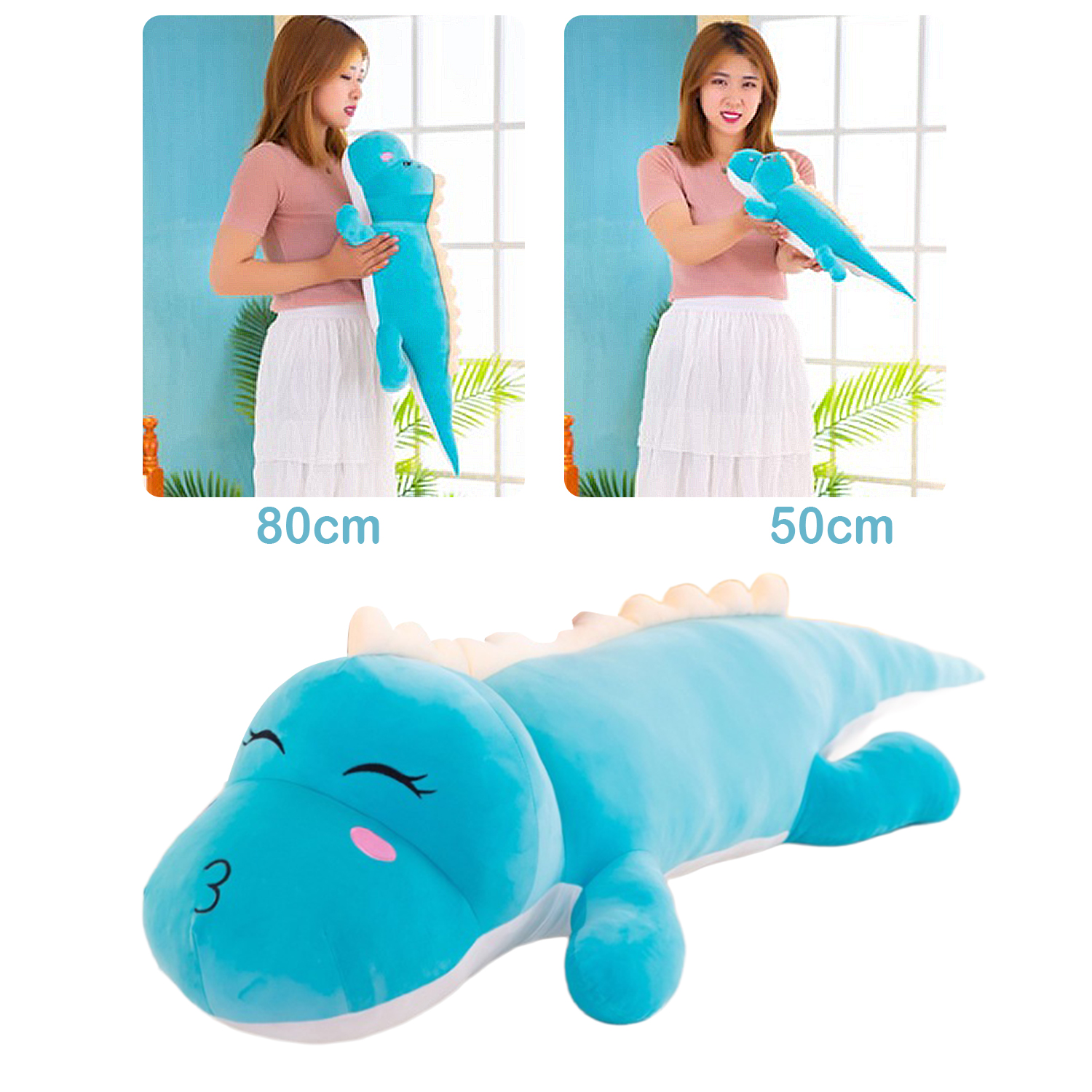 La imagen muestra un dinosaurio de peluche azul. Dos mujeres sostienen juguetes de peluche similares, mientras que la parte inferior muestra un gran peluche de dinosaurio.