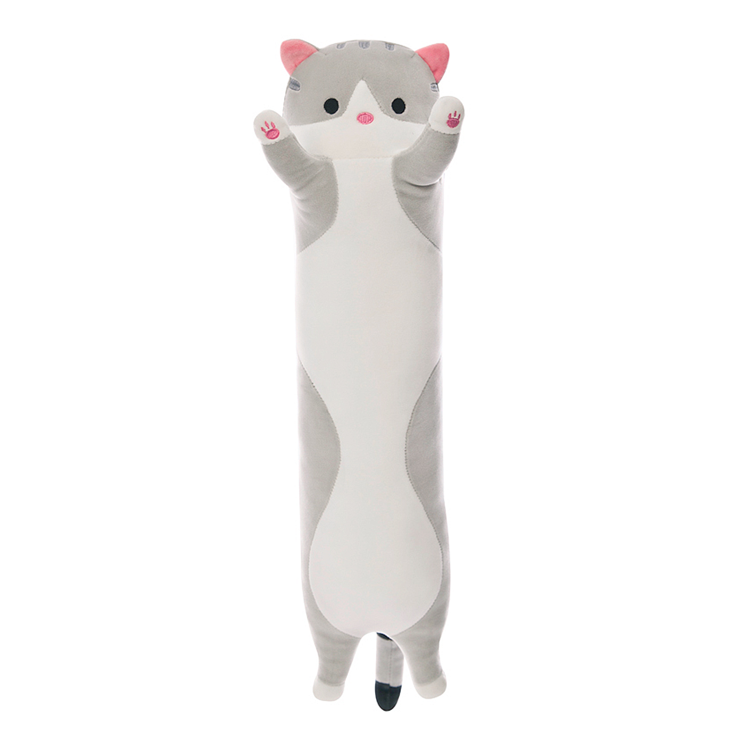 Un lungo peluche a forma di gatto grigio con orecchie e zampe rosa. È in piedi con le braccia alzate. Lo sfondo è bianco.