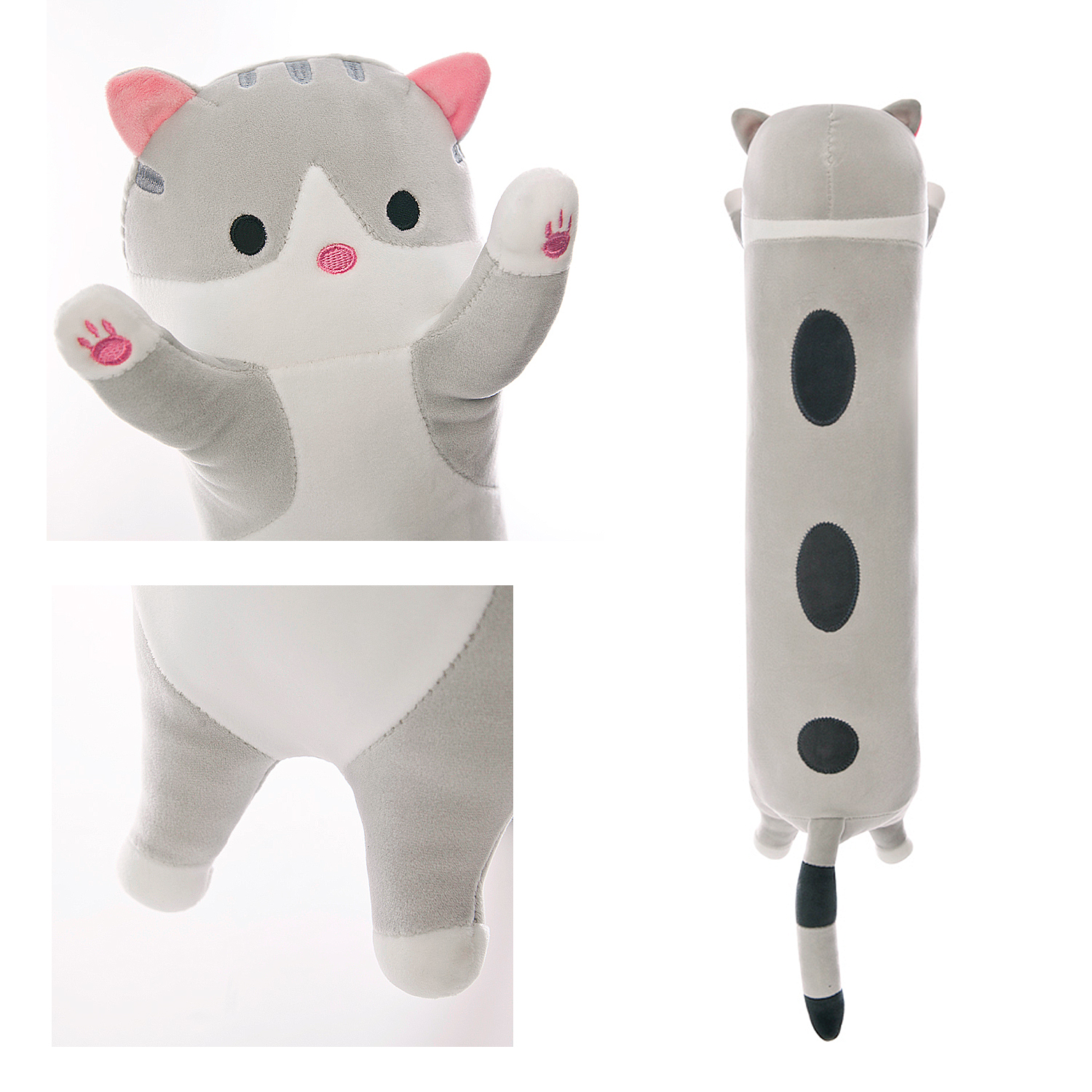 Un peluche a forma di gatto grigio con orecchie e zampe rosa. Ha macchie nere e una coda a strisce. Lo sfondo è bianco.