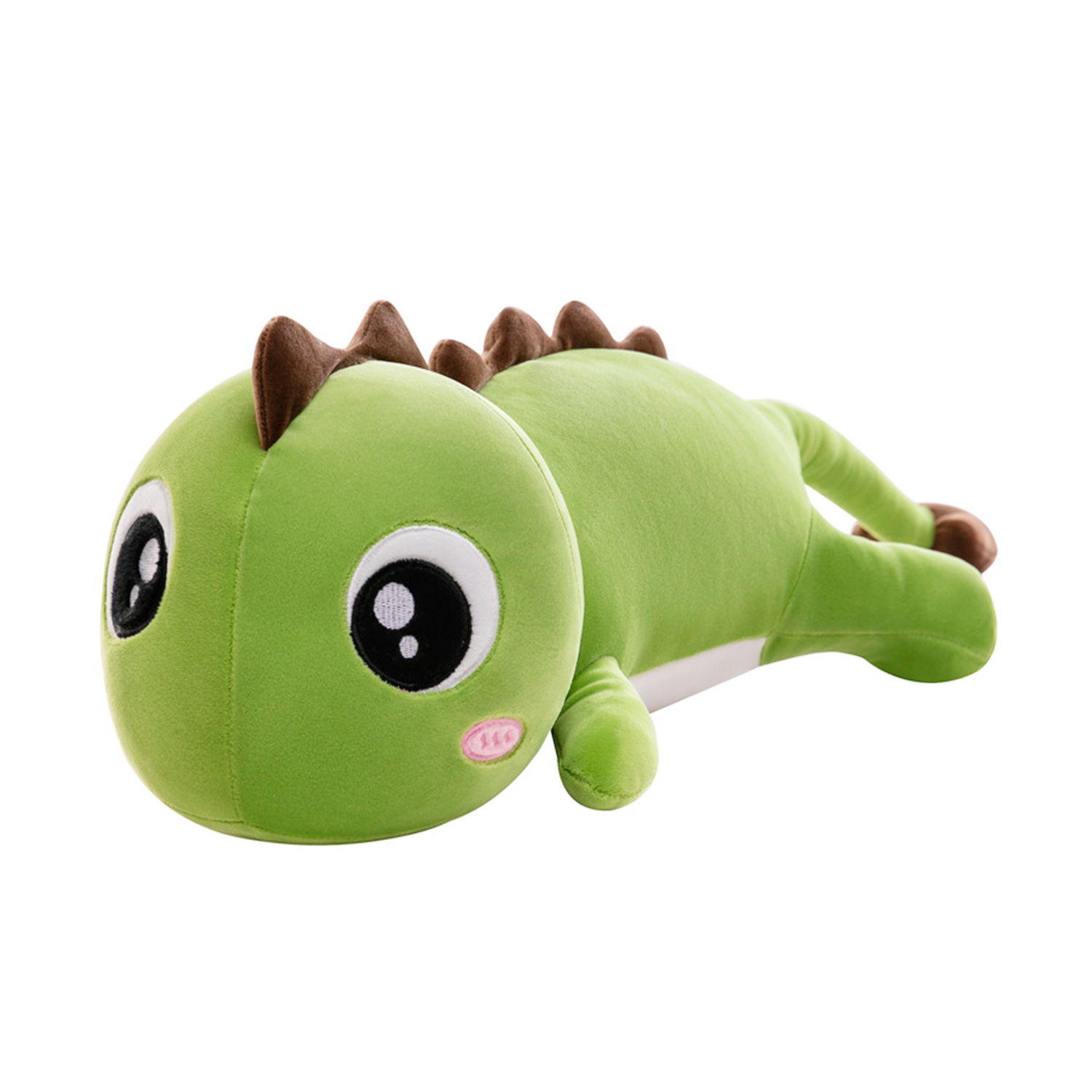 Un peluche di dinosauro verde con spine marroni, grandi occhi bianchi e neri e un rossore rosa. È sdraiato su uno sfondo bianco.