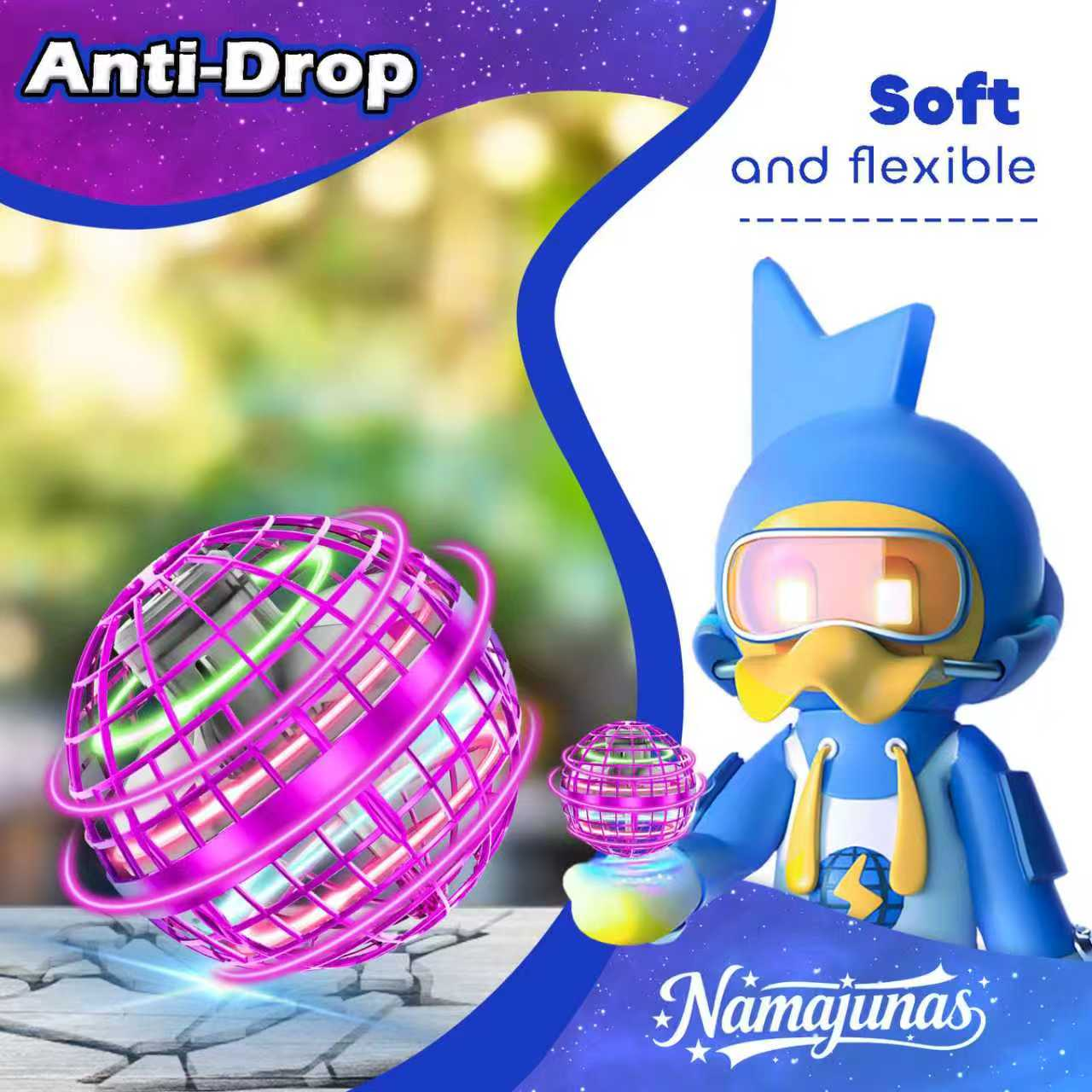 Eine blaue Figur hält eine leuchtende Kugel, neben einer größeren schwebenden Kugel. Text lautet 'Anti-Drop' und 'Soft and flexible'. Der Hintergrund ist unscharf.