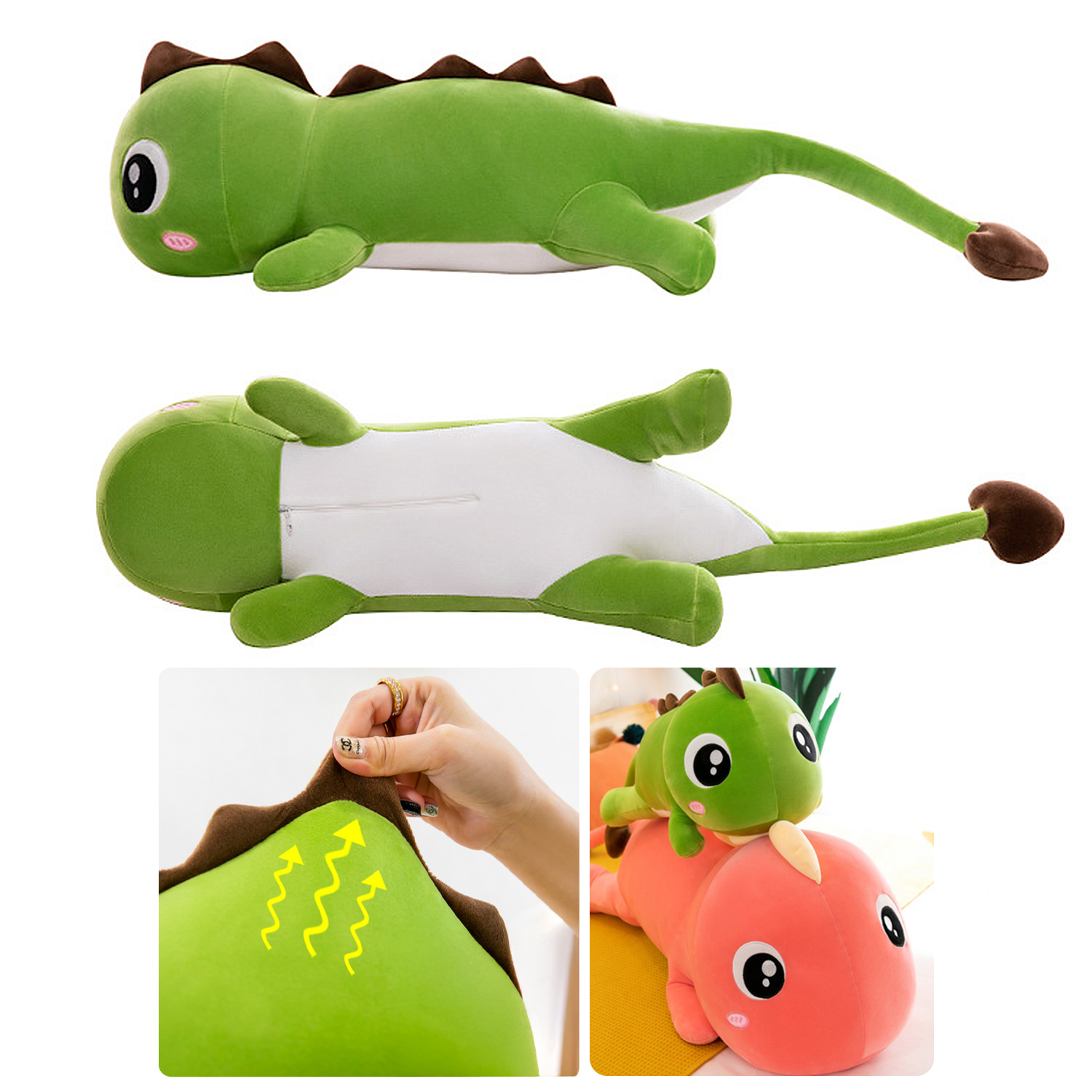 Peluche di dinosauro verde, con spine e coda marroni, sdraiato. Un altro è capovolto. Un piccolo dino su un dino rosa.