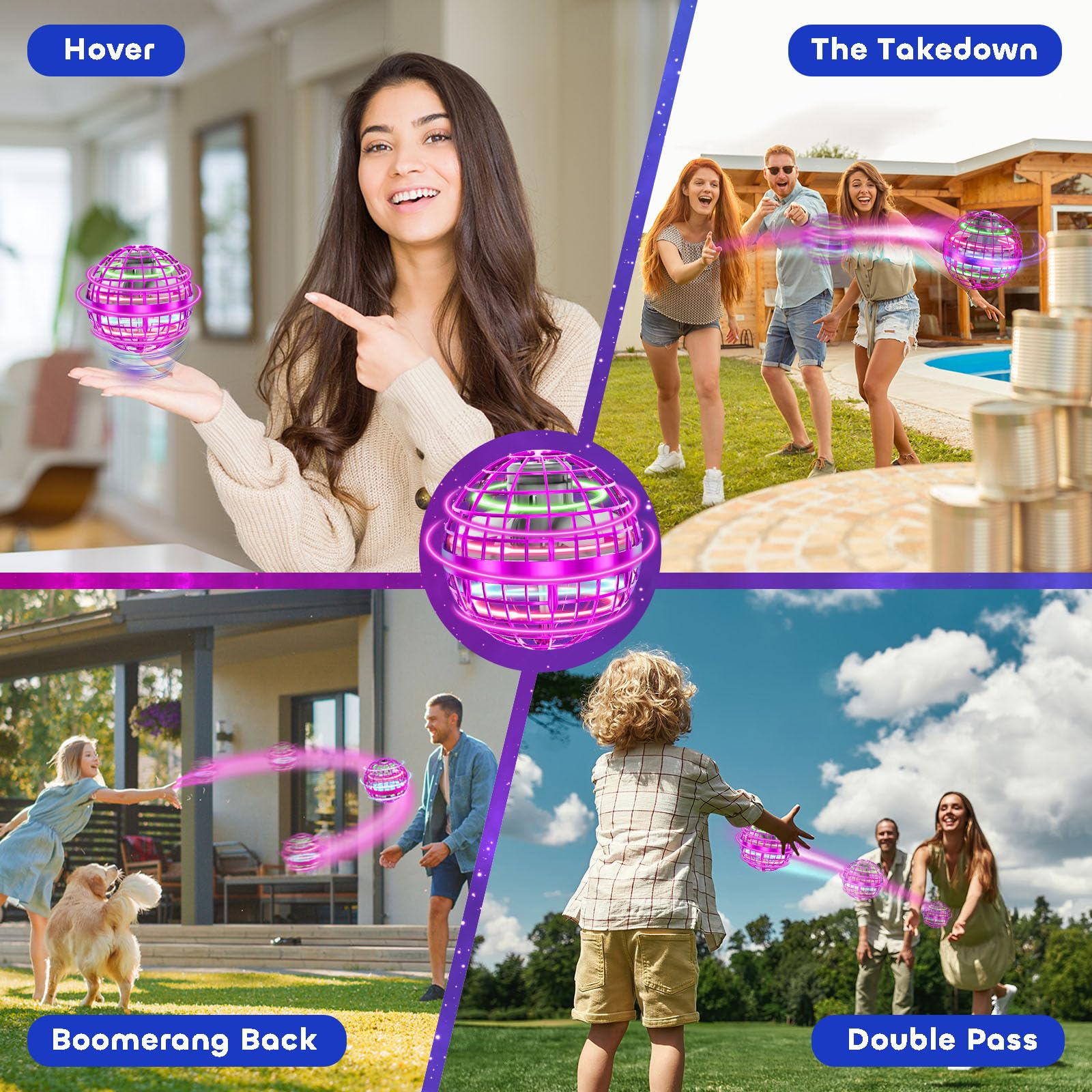 Das Bild zeigt einen schwebenden Orb, Menschen, die damit spielen, und Textbeschriftungen: Hover, The Takedown, Boomerang Back, Double Pass.