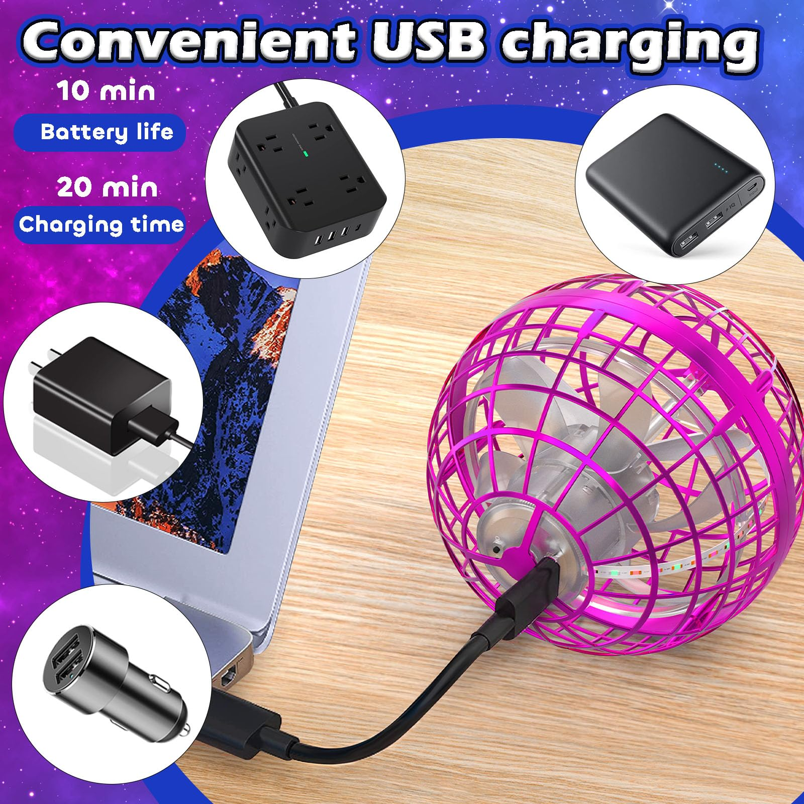 Das Bild zeigt ein rosa, kugelförmiges Spielzeug, das mit einem USB-Kabel geladen wird. Mehrere Ladegeräte werden angezeigt: Stecker, Powerbank, Autoladegerät.