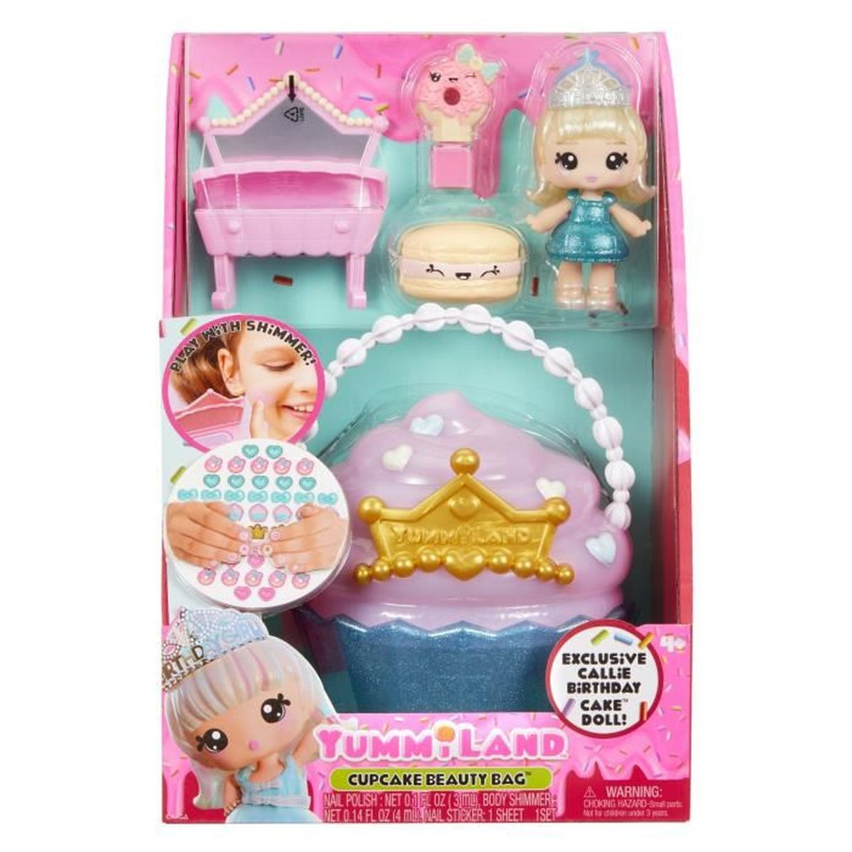 Un set de bolsa de belleza de cupcakes 'Yummi Land'. Incluye una muñeca, accesorios, esmalte de uñas, brillo corporal y pegatinas de uñas.