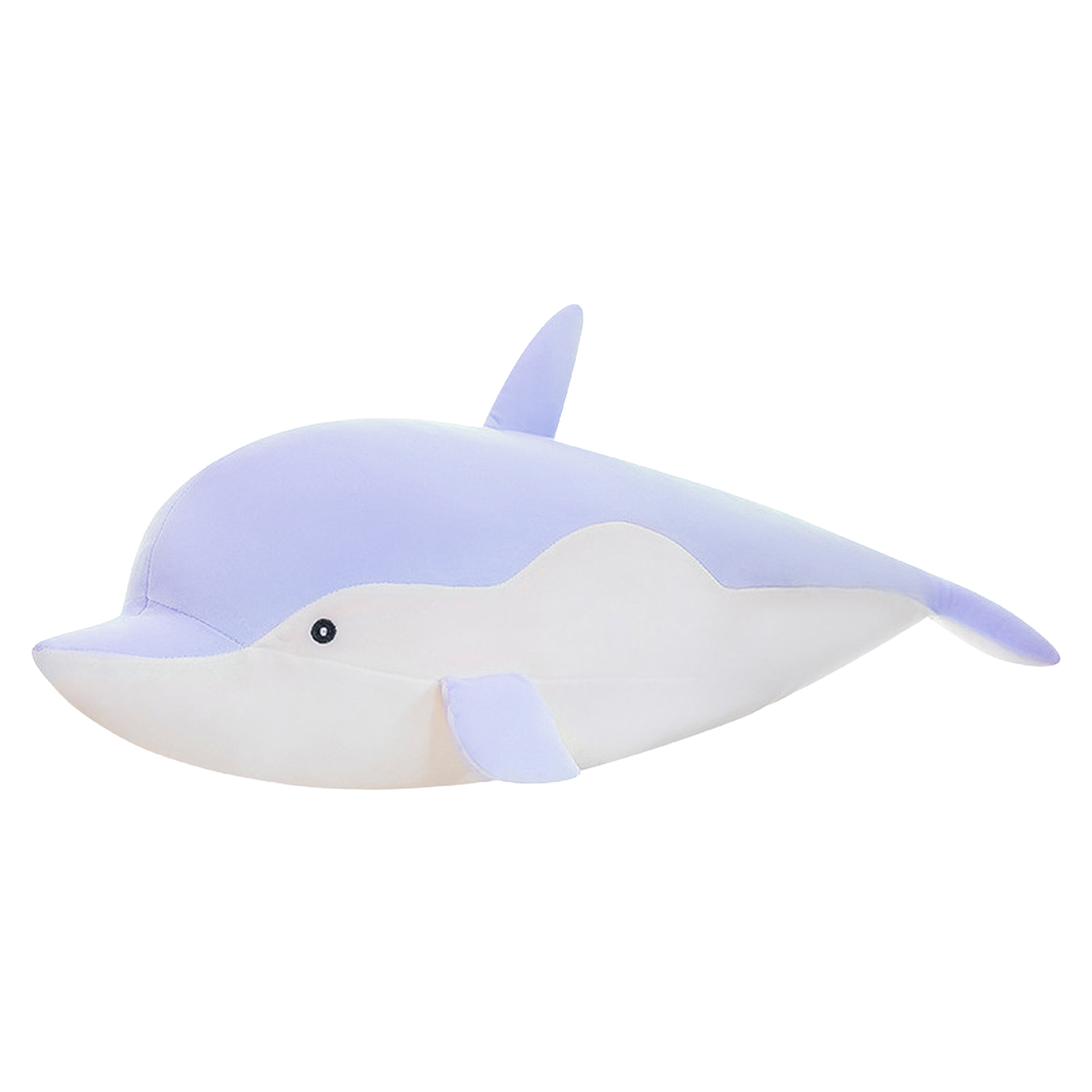 Un morbido peluche a forma di delfino. Ha dorso e pinne lilla chiaro e pancia bianca. Il delfino è su sfondo bianco.