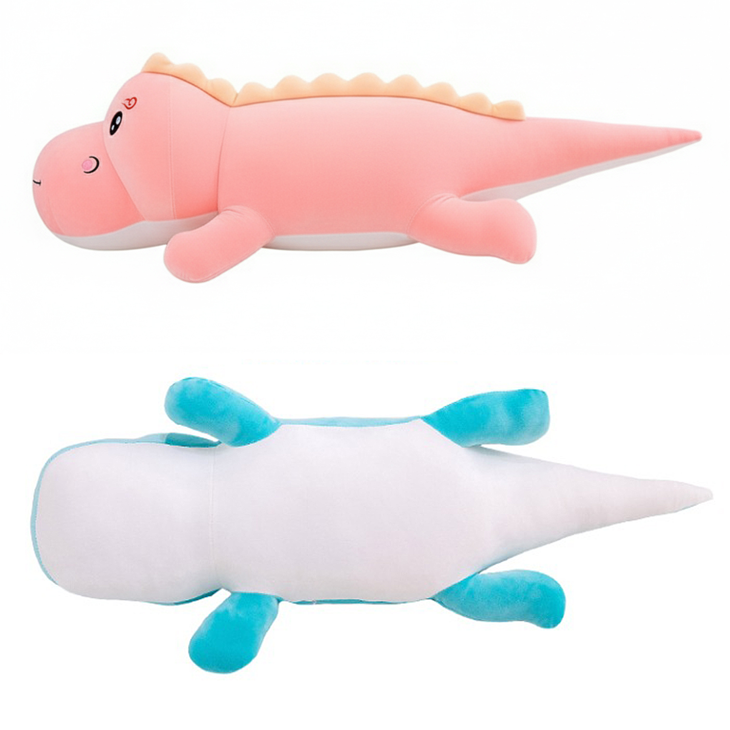 Un peluche a forma di dinosauro rosa e beige. La vista dall'alto mostra il peluche con una faccia sorridente. La vista dal basso mostra braccia e gambe blu.