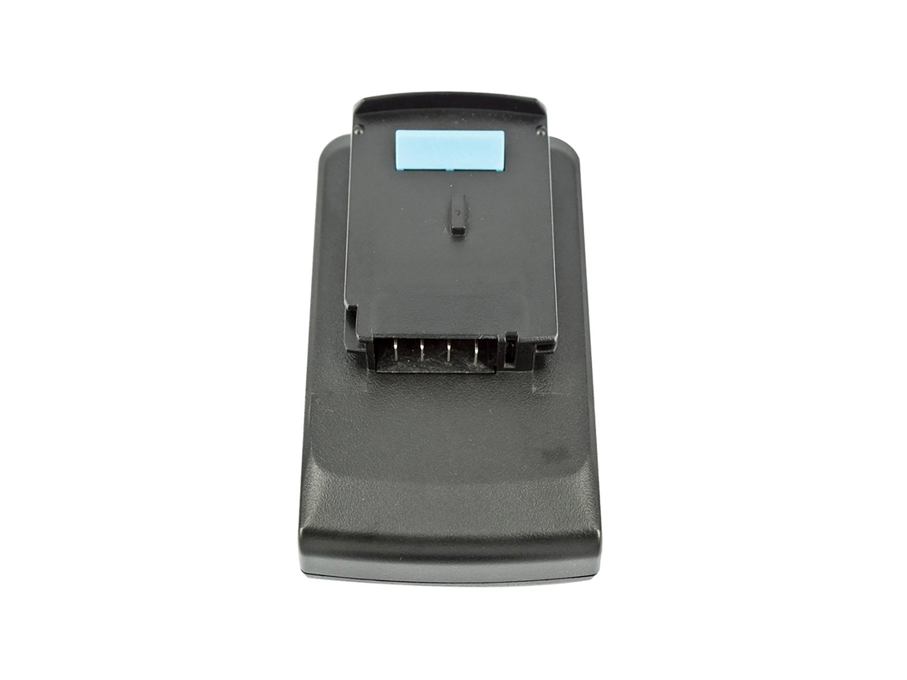 Ein schwarzes Batterieladegerät mit blauer Anzeige auf weißem Hintergrund.