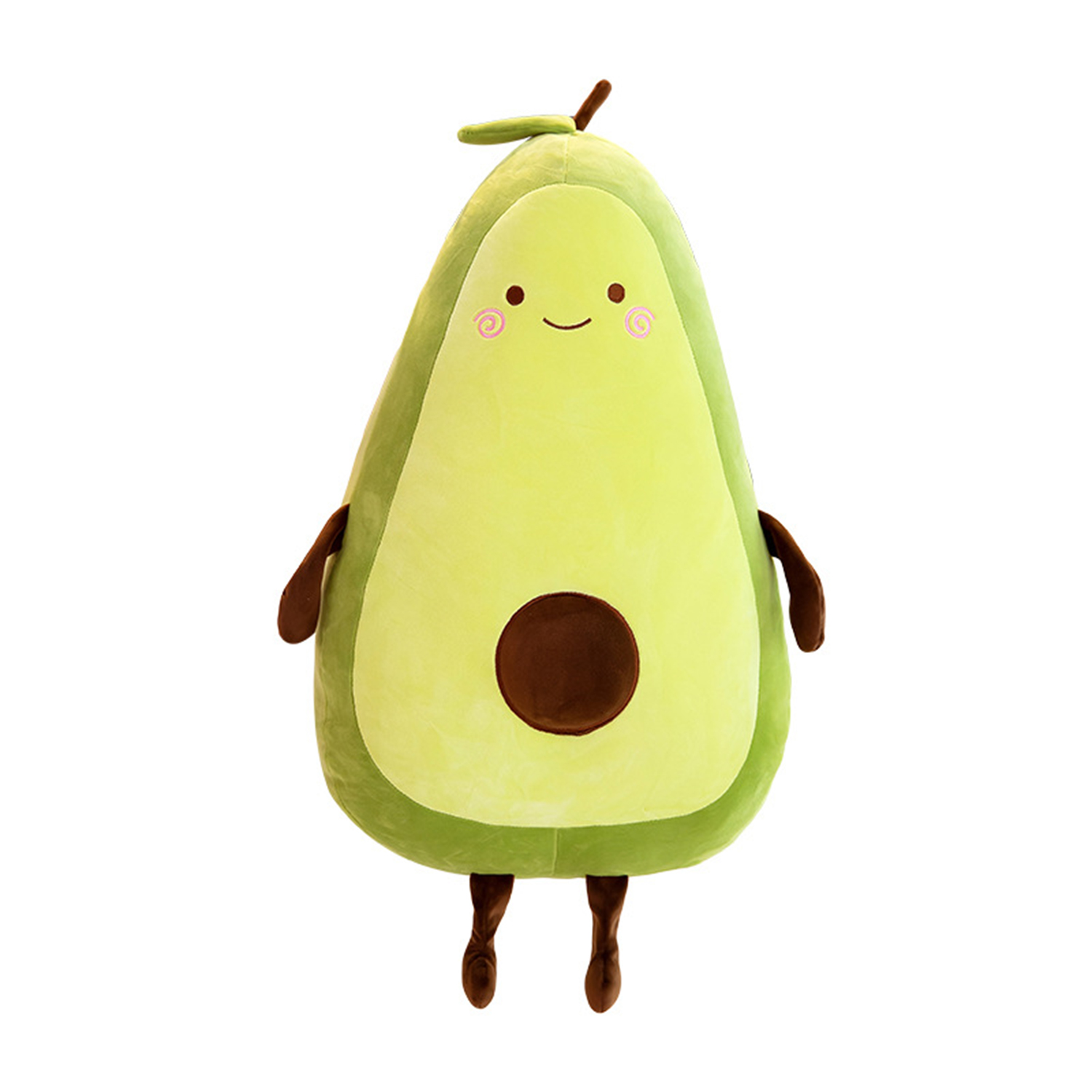Un giocattolo di avocado di peluche con un volto sorridente, braccia e gambe. È verde e giallo con un nocciolo marrone. Lo sfondo è bianco.