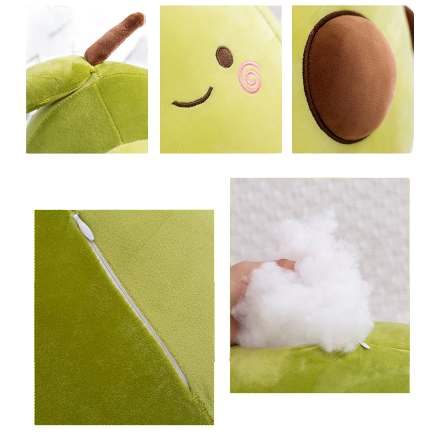 Un giocattolo di avocado di peluche con un volto sorridente, un nocciolo marrone e una foglia. I primi piani mostrano i dettagli e l'imbottitura.