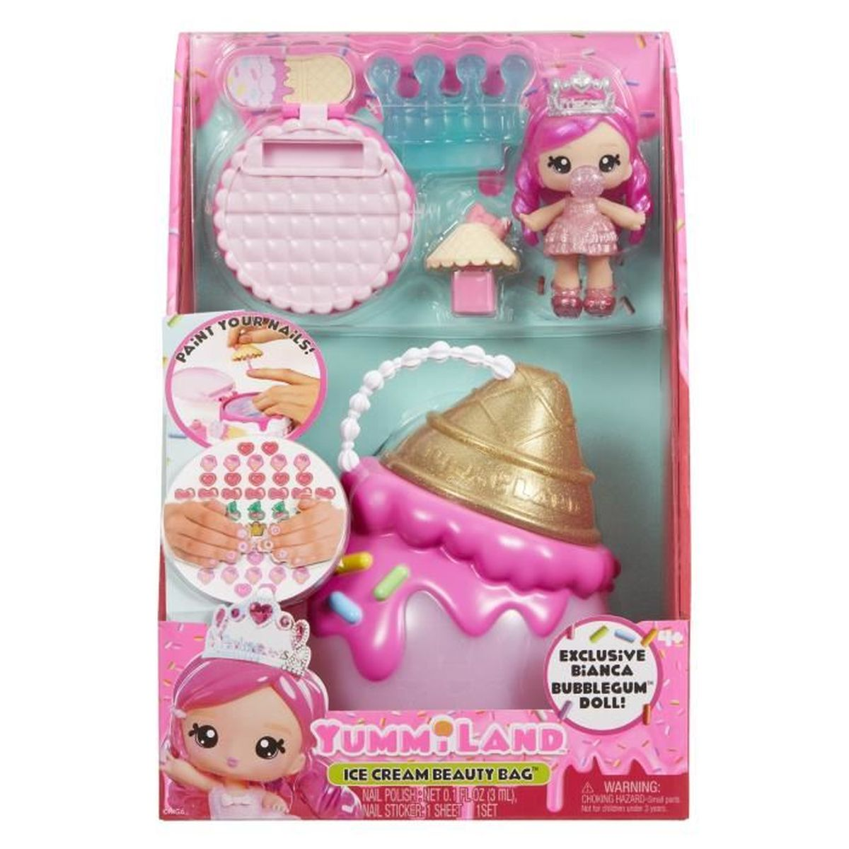 Eine Yummi Land Eiscreme-Beauty-Tasche. Sie enthält eine Puppe, Nagellack und Aufkleber. Die Verpackung ist rosa und zeigt eine Eistüte.