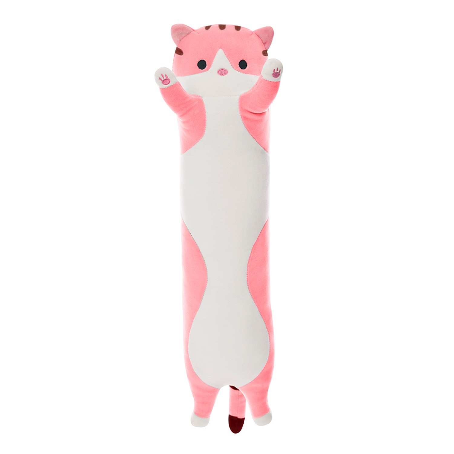 Un peluche largo de gato rosa y blanco con los brazos levantados. Tiene rayas marrones en la cabeza y una cola roja.