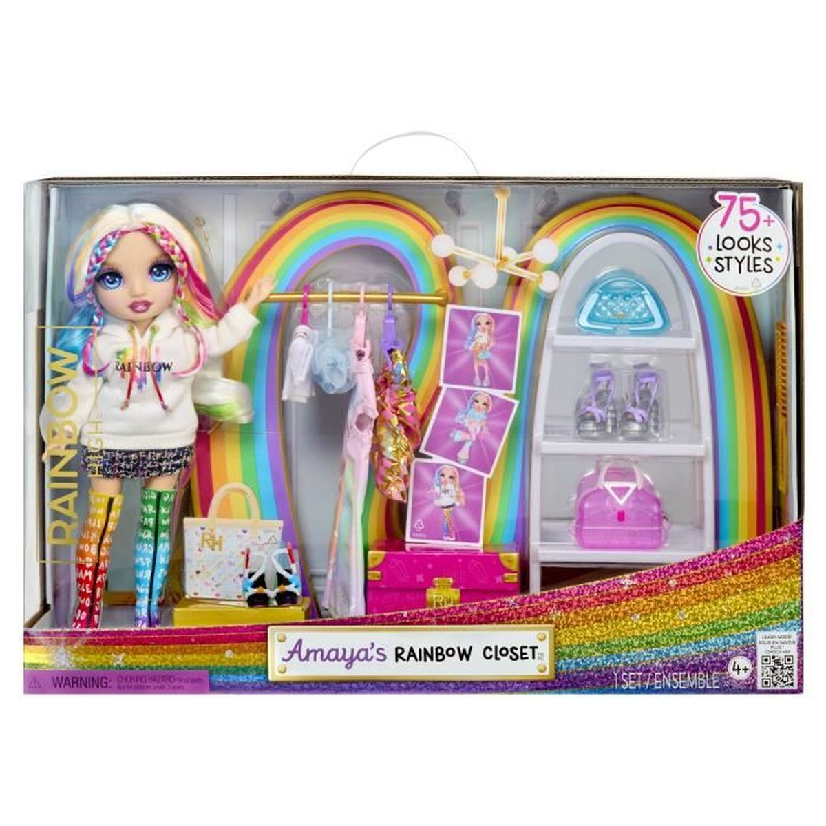 Ein Puppenset mit Puppe, Regenbogenhintergrund, Kleidung, Schuhen und Zubehör. Auf der Box steht 'Amayas Rainbow Closet'.
