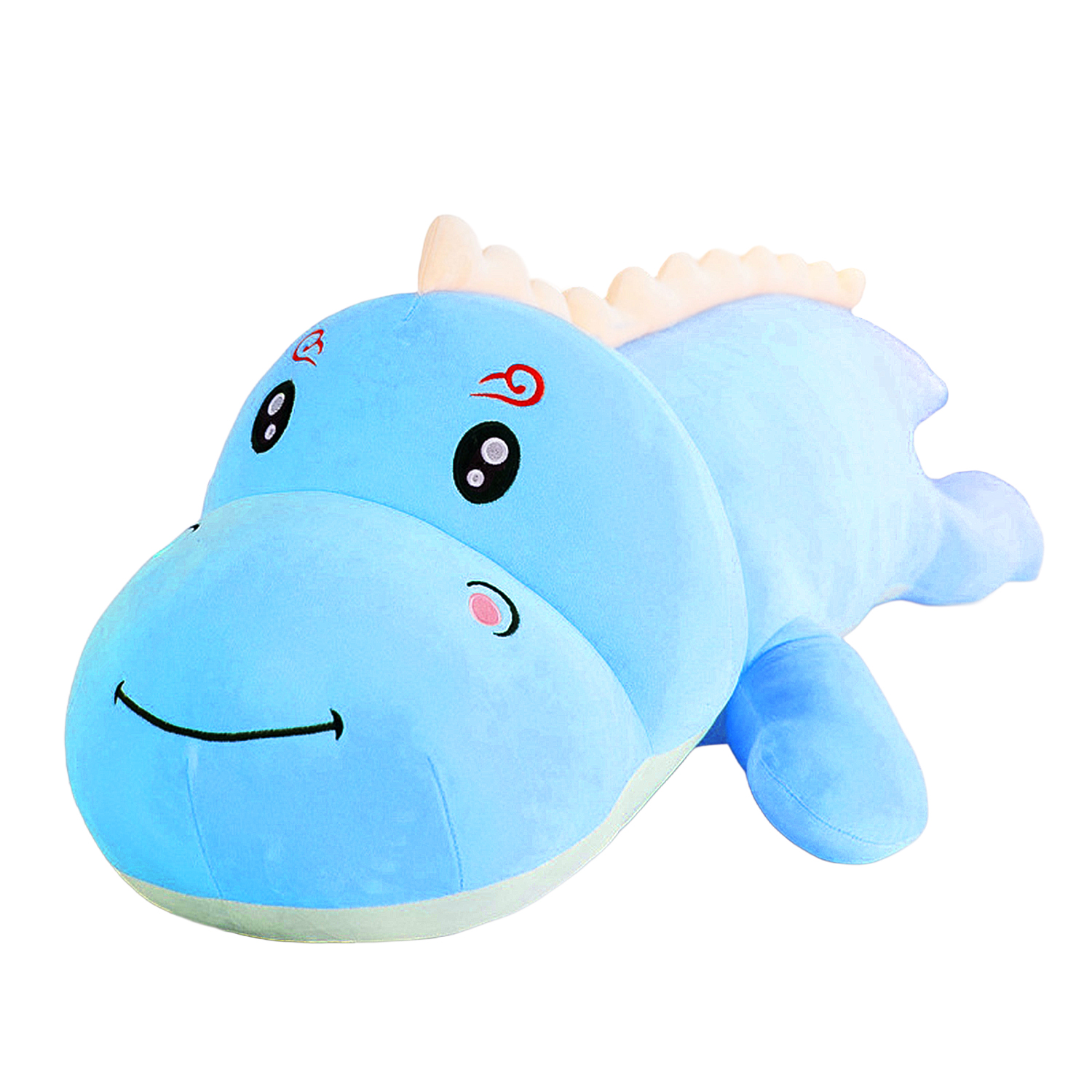 Un giocattolo di dinosauro blu di peluche con grandi occhi neri, un sorriso e spine color crema è sdraiato. Lo sfondo è bianco.