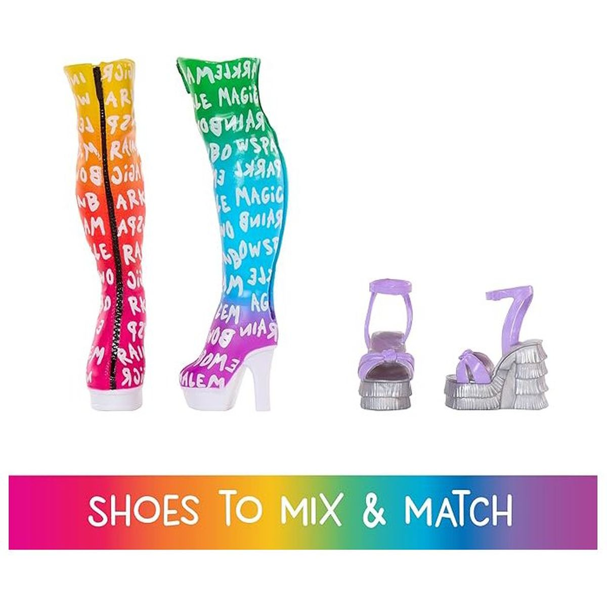 Das Bild zeigt Schuhe zum Kombinieren. Zwei hohe Stiefel und zwei Absätze mit Text und Regenbogenfarben. Ein Regenbogenbanner unten lautet 'SCHUHE ZUM MIX & MATCH'.