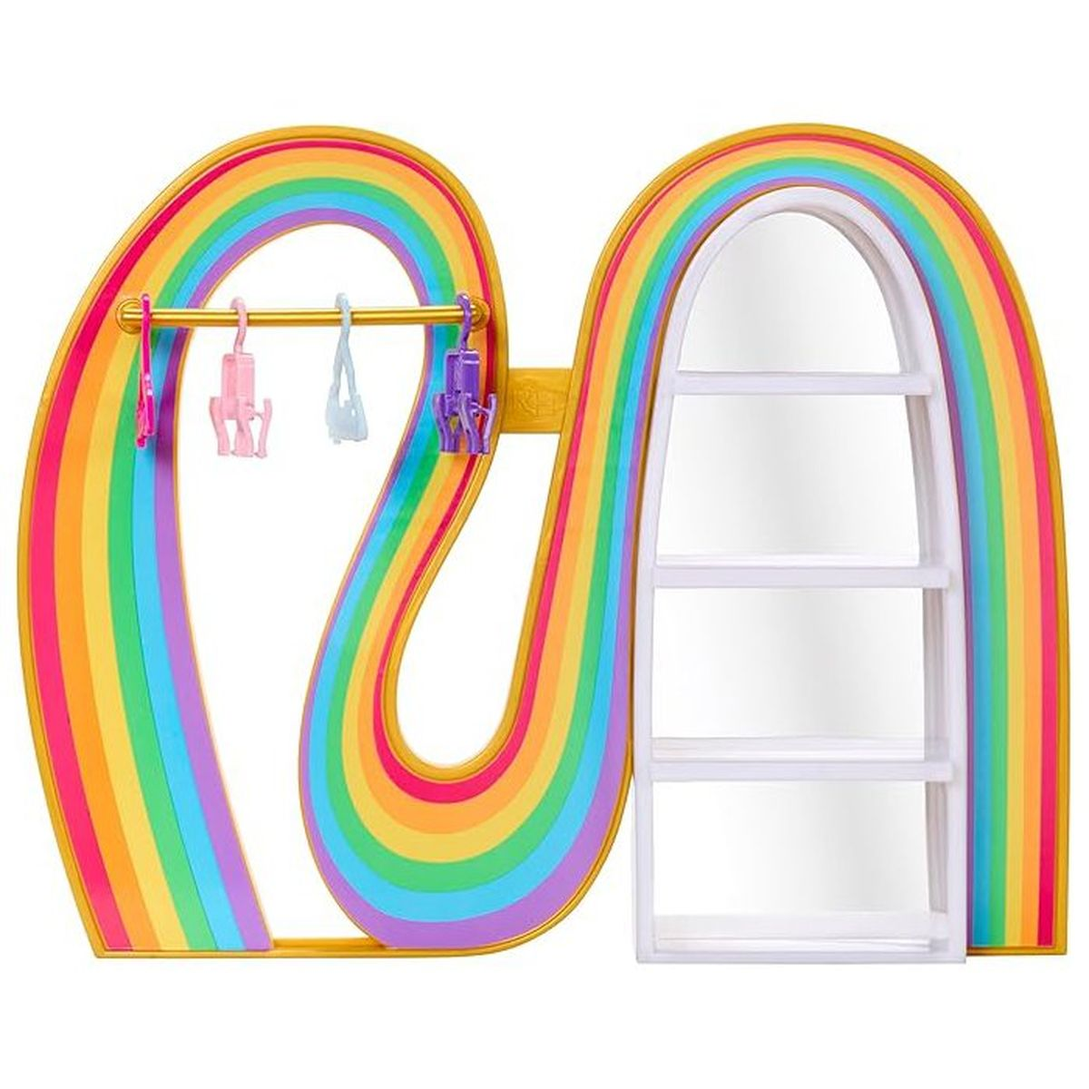 Ein farbenfrohes, regenbogenförmiges Spielzeug mit Kleiderbügeln und Regalen. Zu den Merkmalen gehören Regenbogenbögen, Kleiderbügel und Regale.