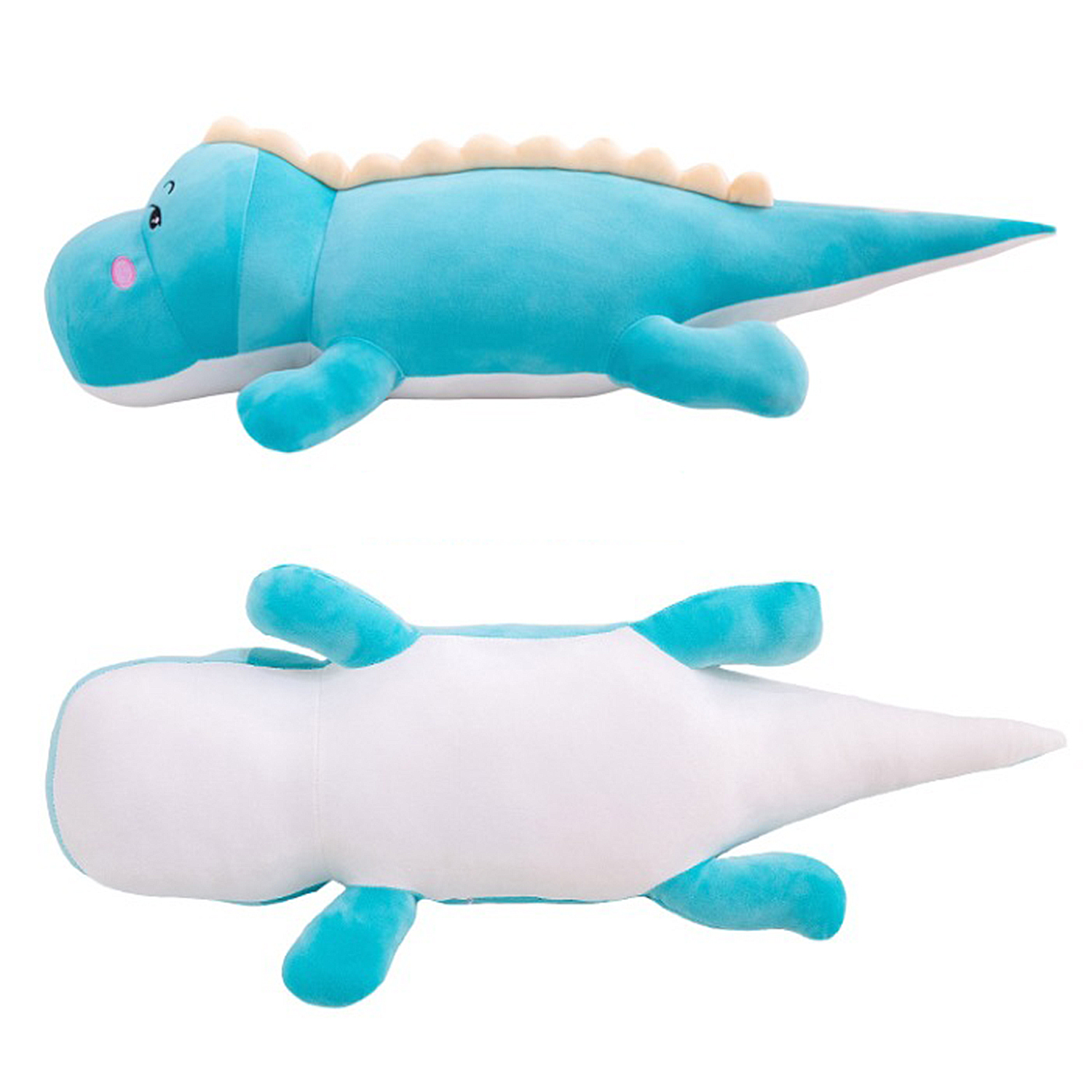 Due coccodrilli di peluche. Uno è in posizione verticale, l'altro è capovolto. Entrambi sono blu, con pancia bianca e guance rosa.