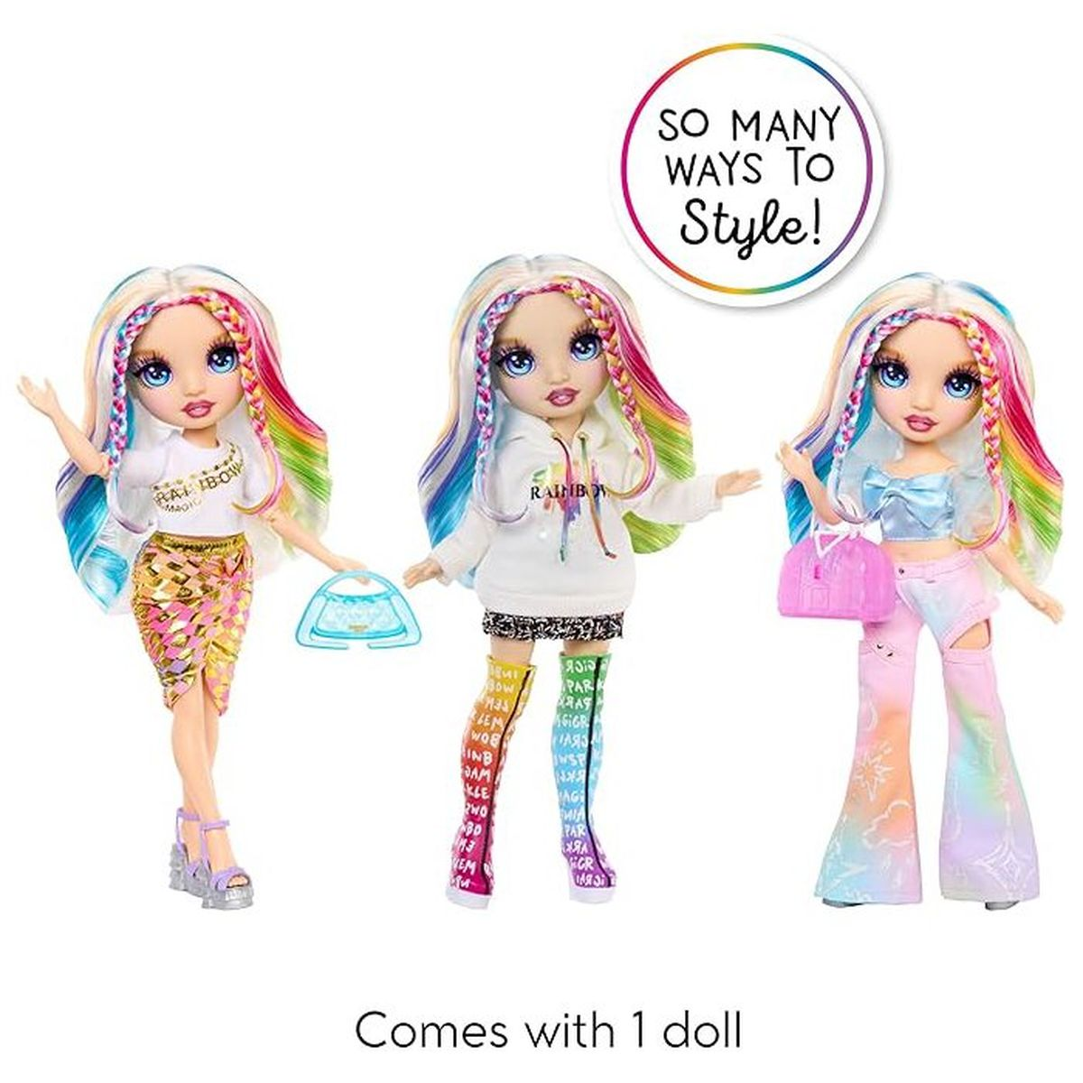Drei Rainbow High Puppen mit Regenbogenhaar und stilvollen Outfits. Text sagt: 'So viele Möglichkeiten zum Stylen!' und 'Kommt mit 1 Puppe'.