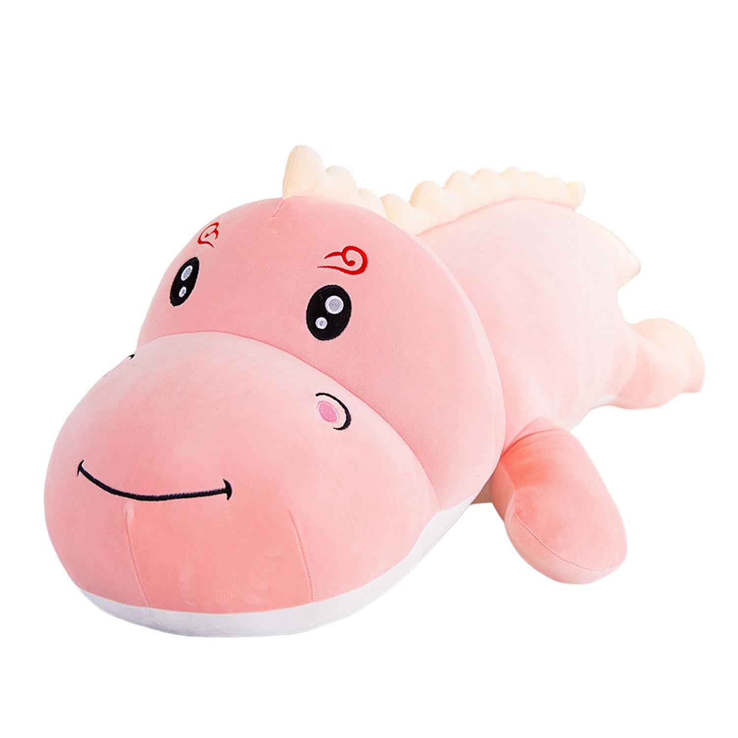 Un peluche rosa a forma di dinosauro sorridente. Il dinosauro è sdraiato e ha occhi neri e una piccola bocca rosa.