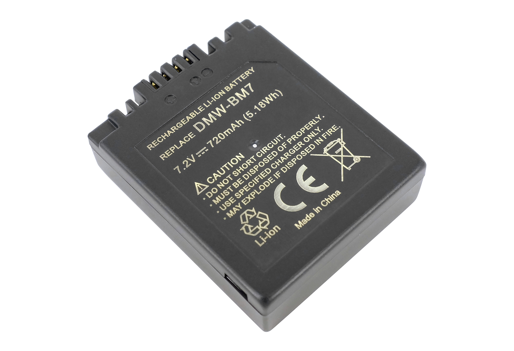 Ein schwarzer rechteckiger Li-Ion-Akku mit Text: Wiederaufladbarer Akku, 7,2 V, 720 mAh und Warnsymbolen. Markiert mit 'Made in China'.