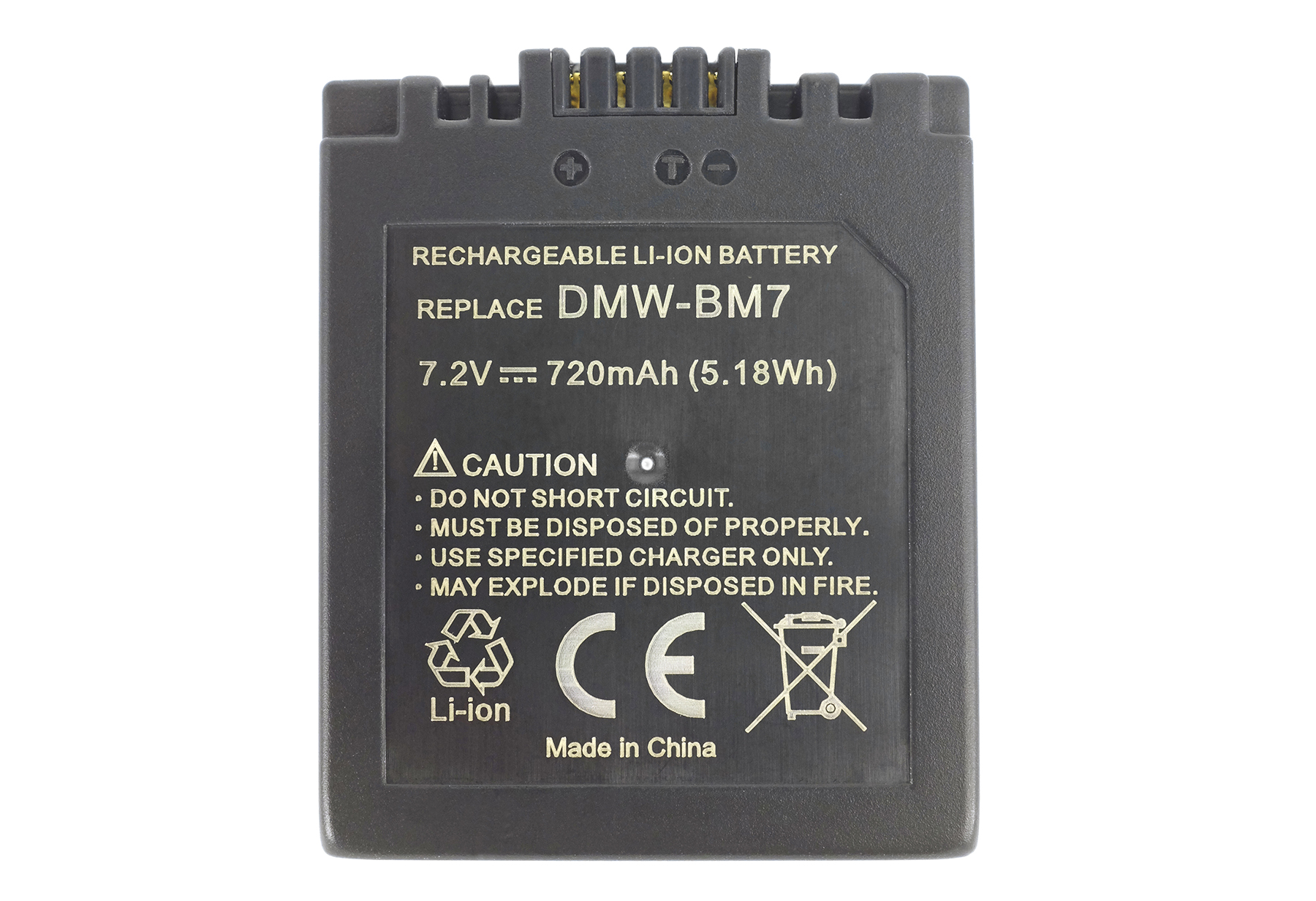 Ein rechteckiger, dunkelgrauer, wiederaufladbarer Li-Ionen-Akku mit Text: Replace DMW-BM7, 7,2 V, Vorsicht, Recyclingsymbol und CE-Zeichen.
