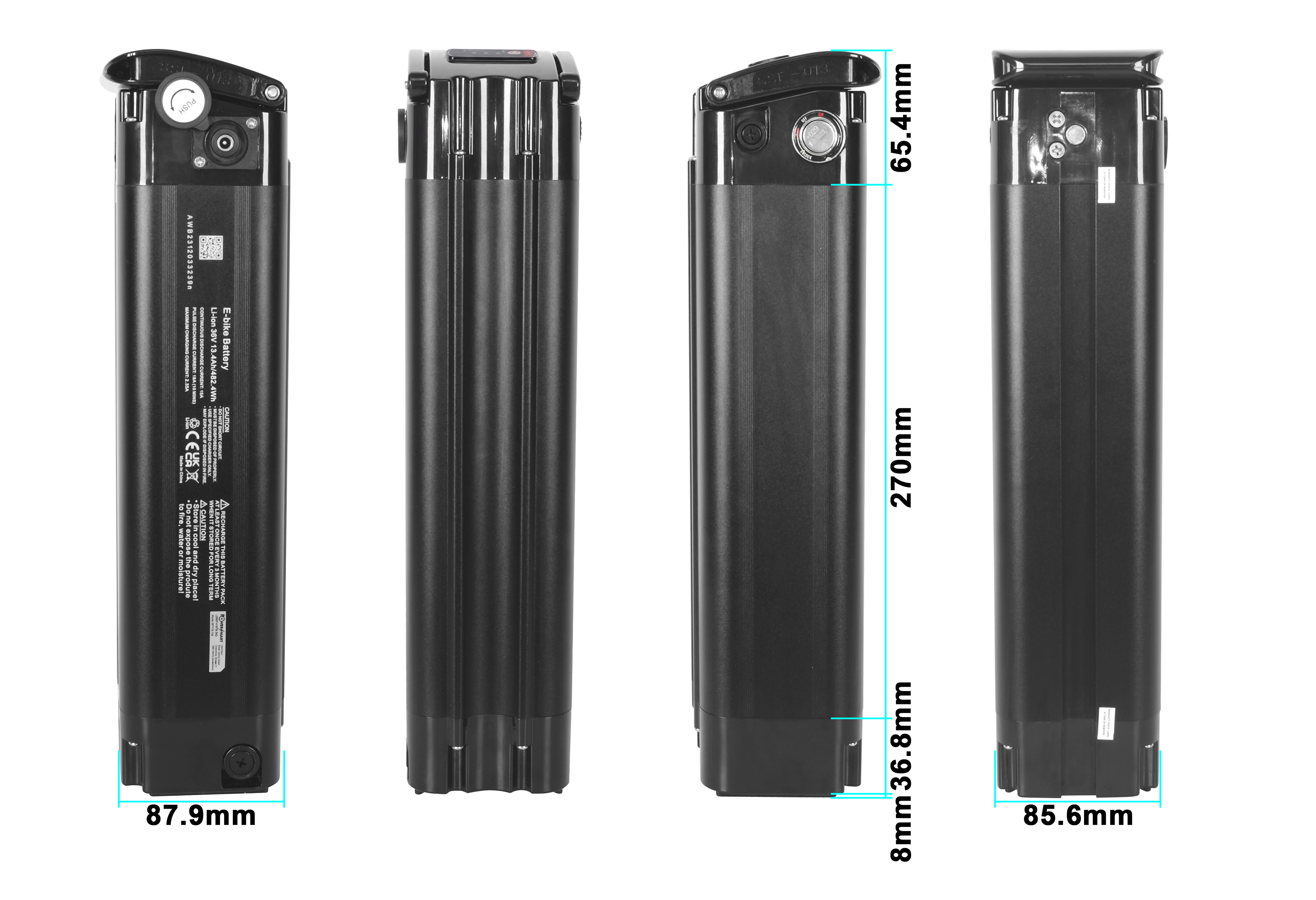 Schwarzer E-Bike-Akku mit Maßangaben. Details umfassen Text auf dem Etikett, Druckknopf und QR-Code.