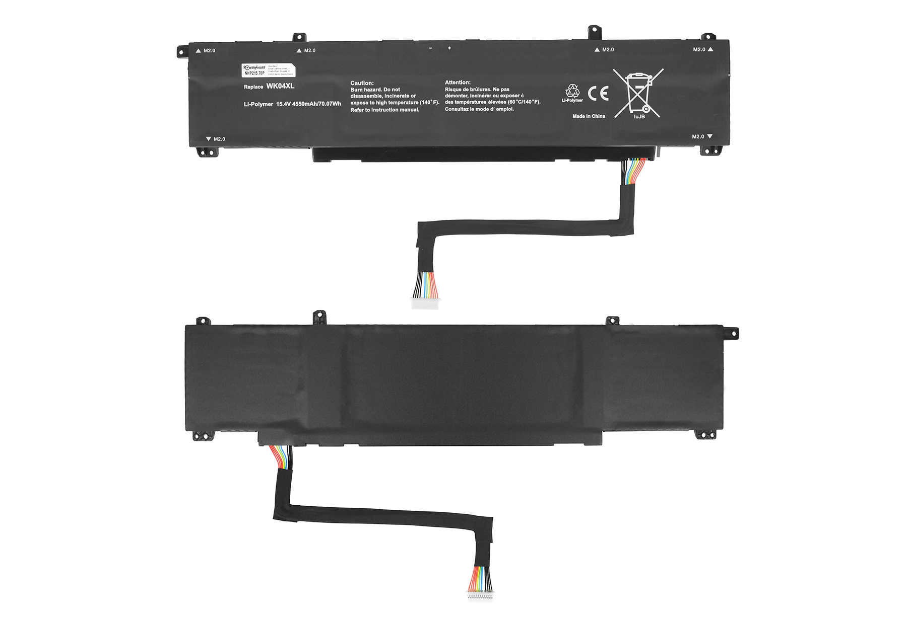 Ein schwarzer Laptop-Akku mit Aufkleber, Drähten und Sicherheitshinweisen. Der Akku ist rechteckig.