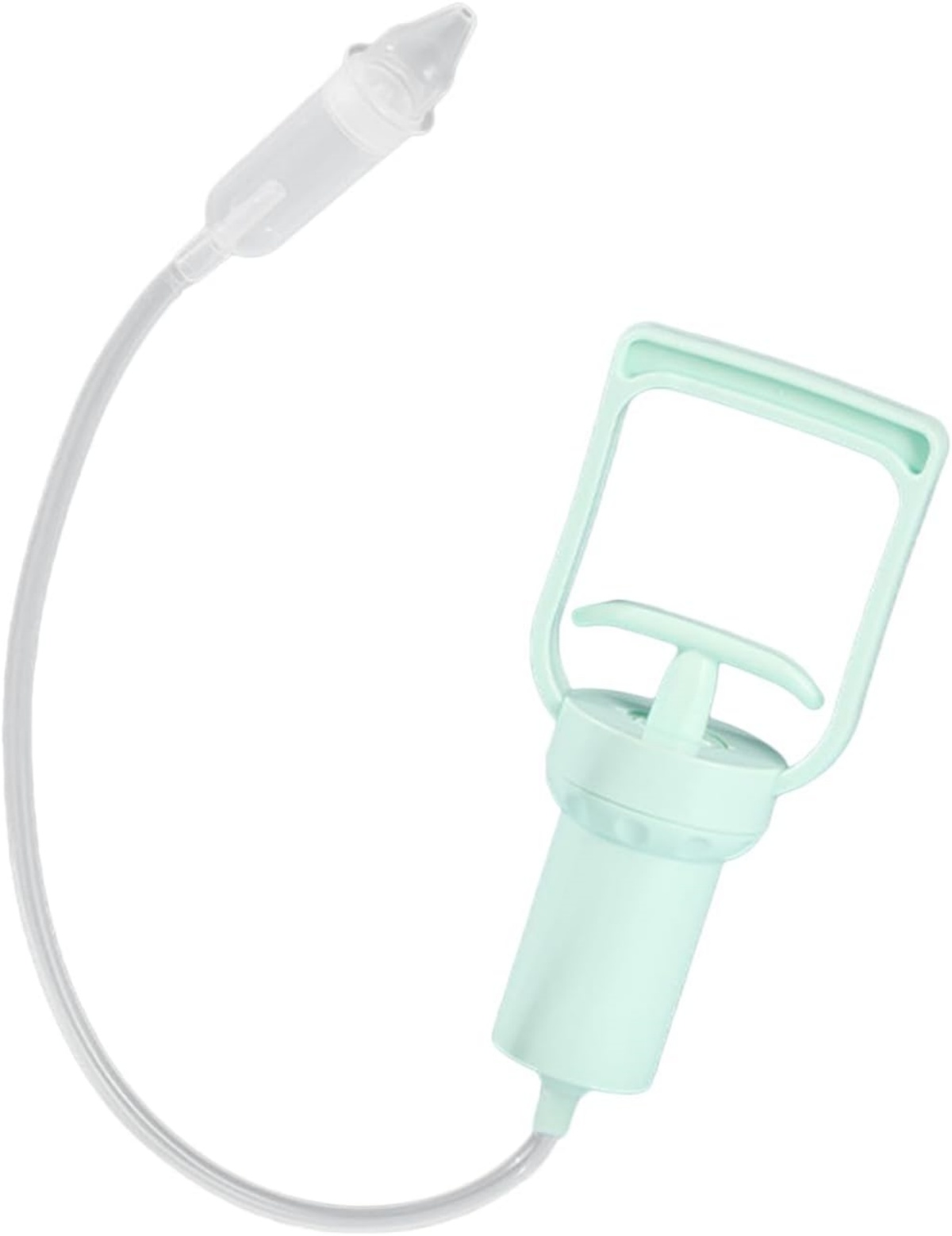 Ein Baby-Nasensauger. Er hat eine transparente Düse und eine mintgrüne Pumpe mit Griff und Schlauch, die die Teile verbinden.
