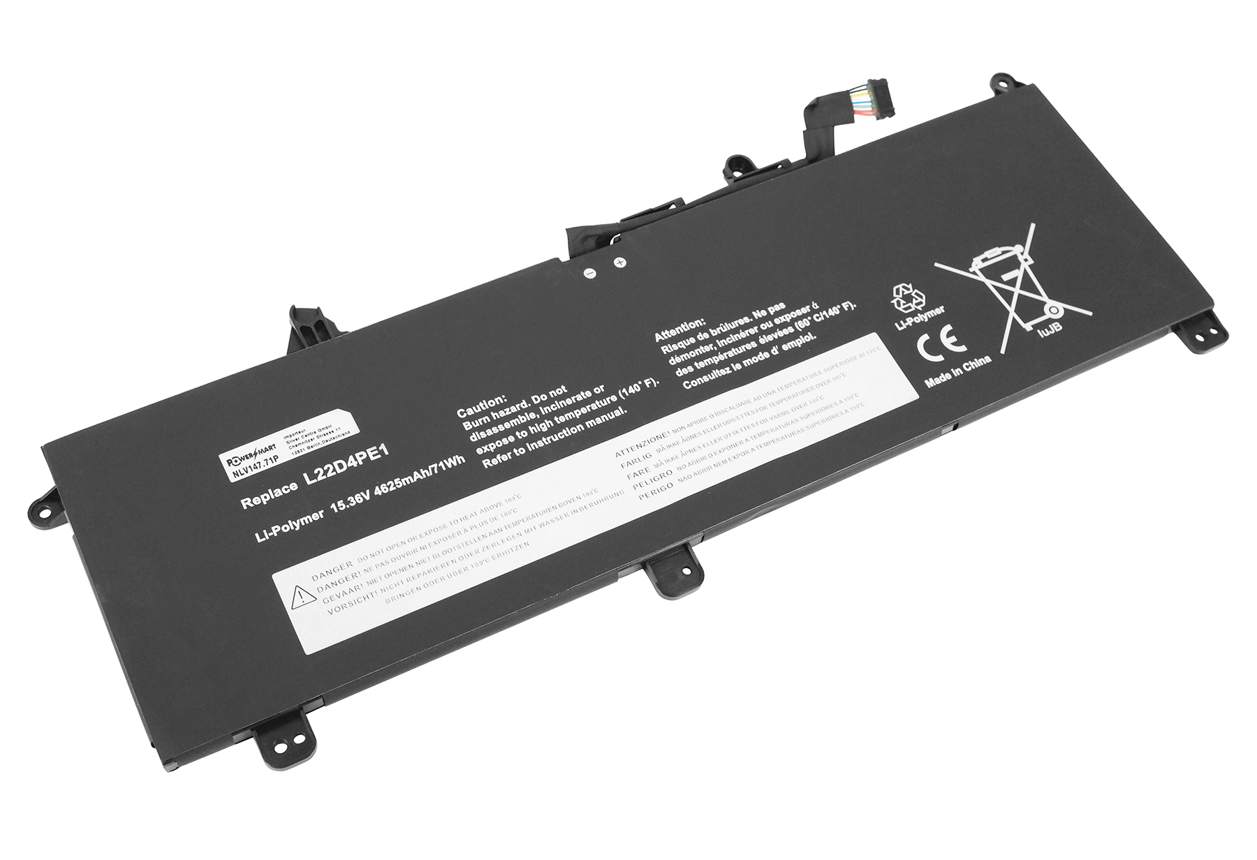 Ein schwarzer Laptop-Akku mit Warnhinweisen und Spezifikationen, einschließlich Spannung und Kapazität, vor weißem Hintergrund.