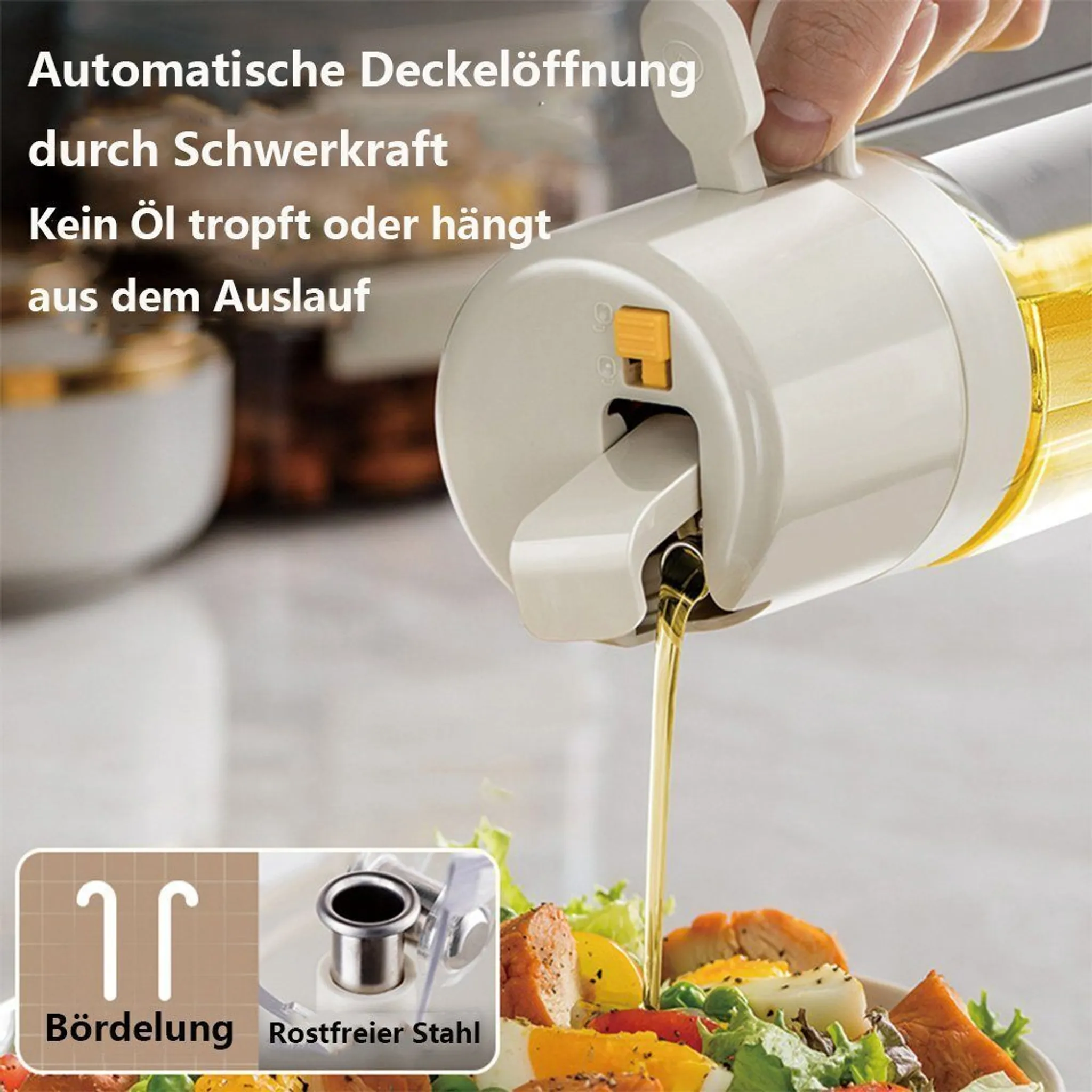 Eine Hand gießt Öl aus einem Spender auf einen Salat. Der Spender ist weiß, und der Salat hat verschiedene Zutaten.