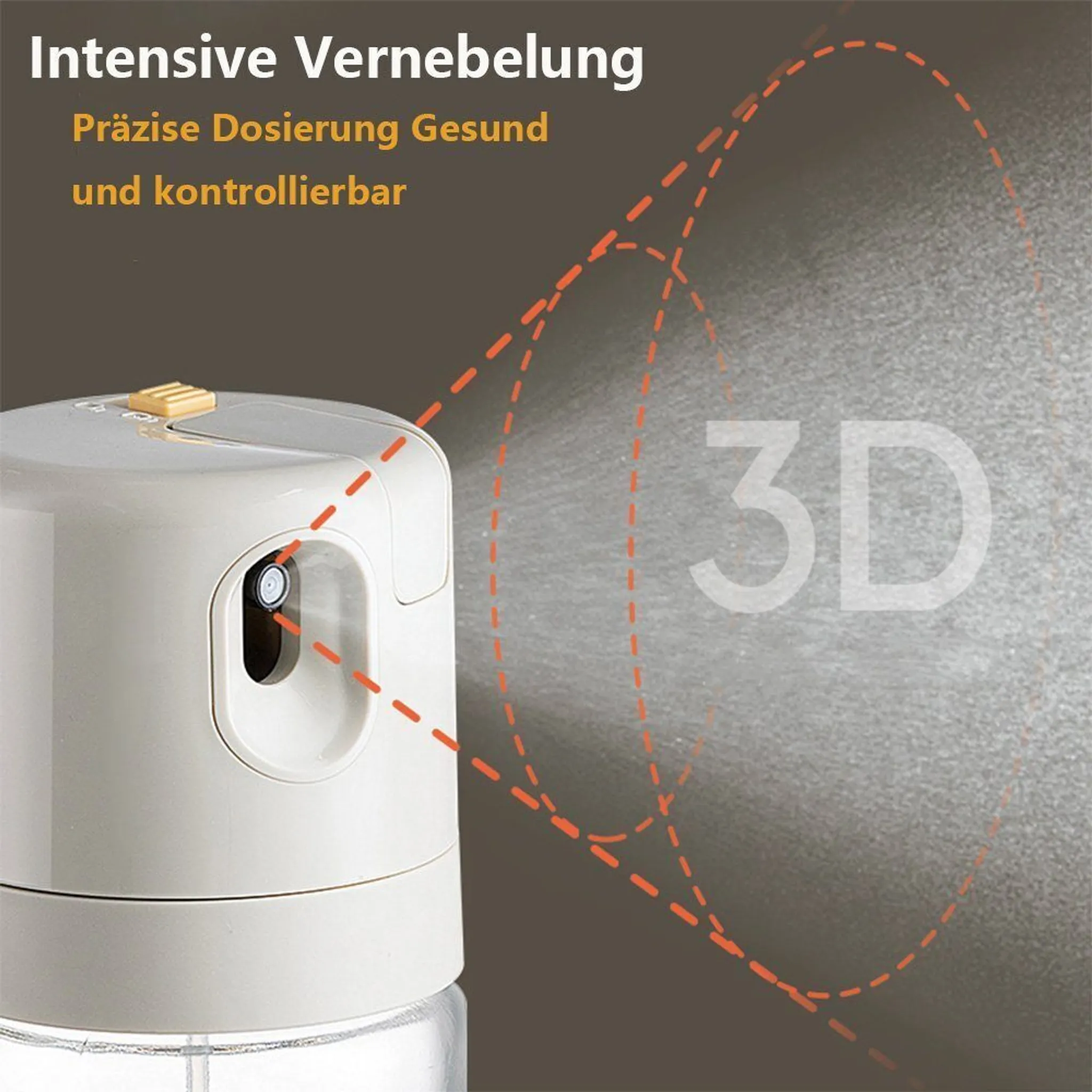 Weißes Sprühgerät mit Sprüheffekt, 3D-Text und orangefarbenen gestrichelten Linien. Der Hintergrund ist grau.
