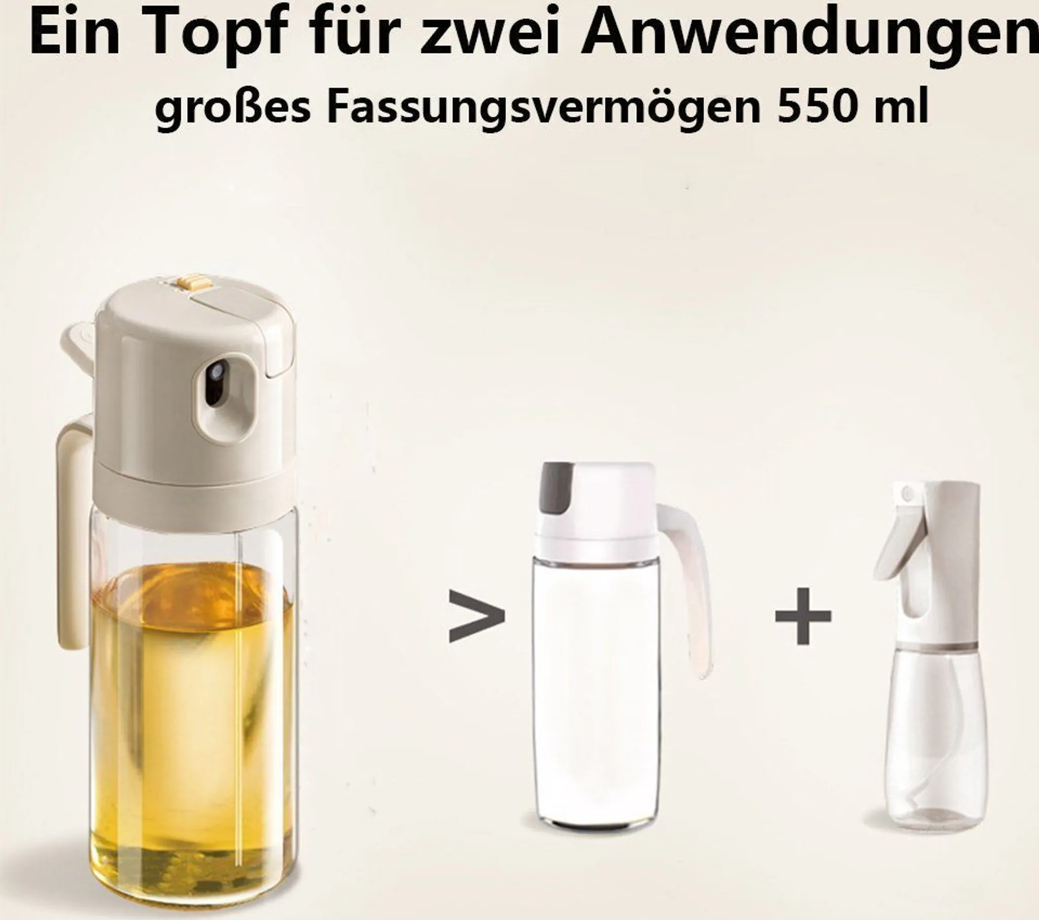Das Bild zeigt einen Ölbehälter und eine Sprühflasche. Der Text oben lautet: Ein Topf für zwei Anwendungen. 550 ml.