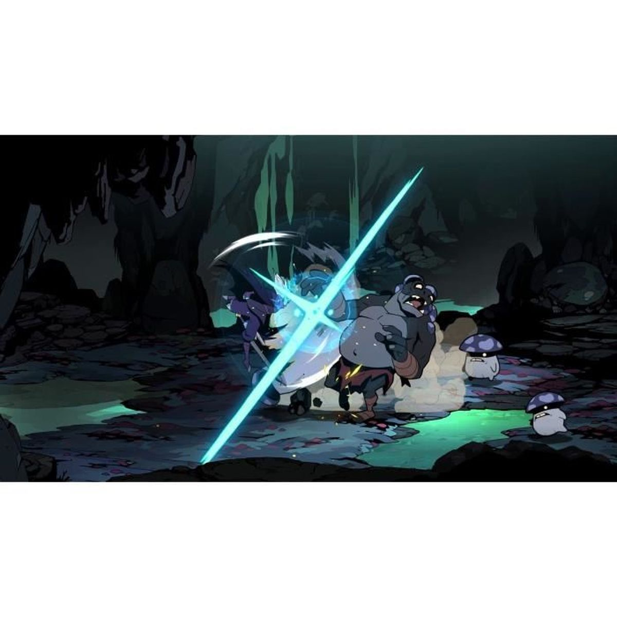 Una scena di caverna oscura con personaggi che combattono. Una grande spada blu si scontra con una bestia grigia. Due creature fungo osservano la lotta.