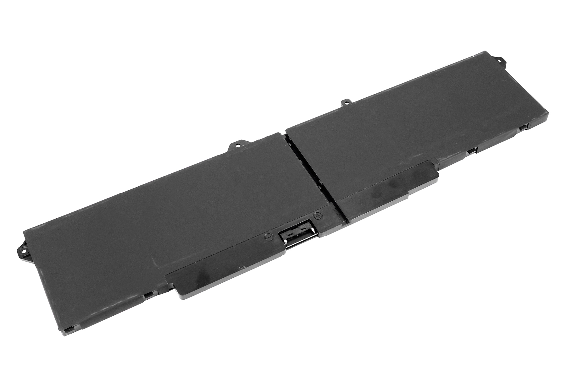 Ein rechteckiger, schwarzer Laptop-Akku auf weißem Hintergrund. Er hat einen USB-Anschluss und ist in zwei Teile geteilt.