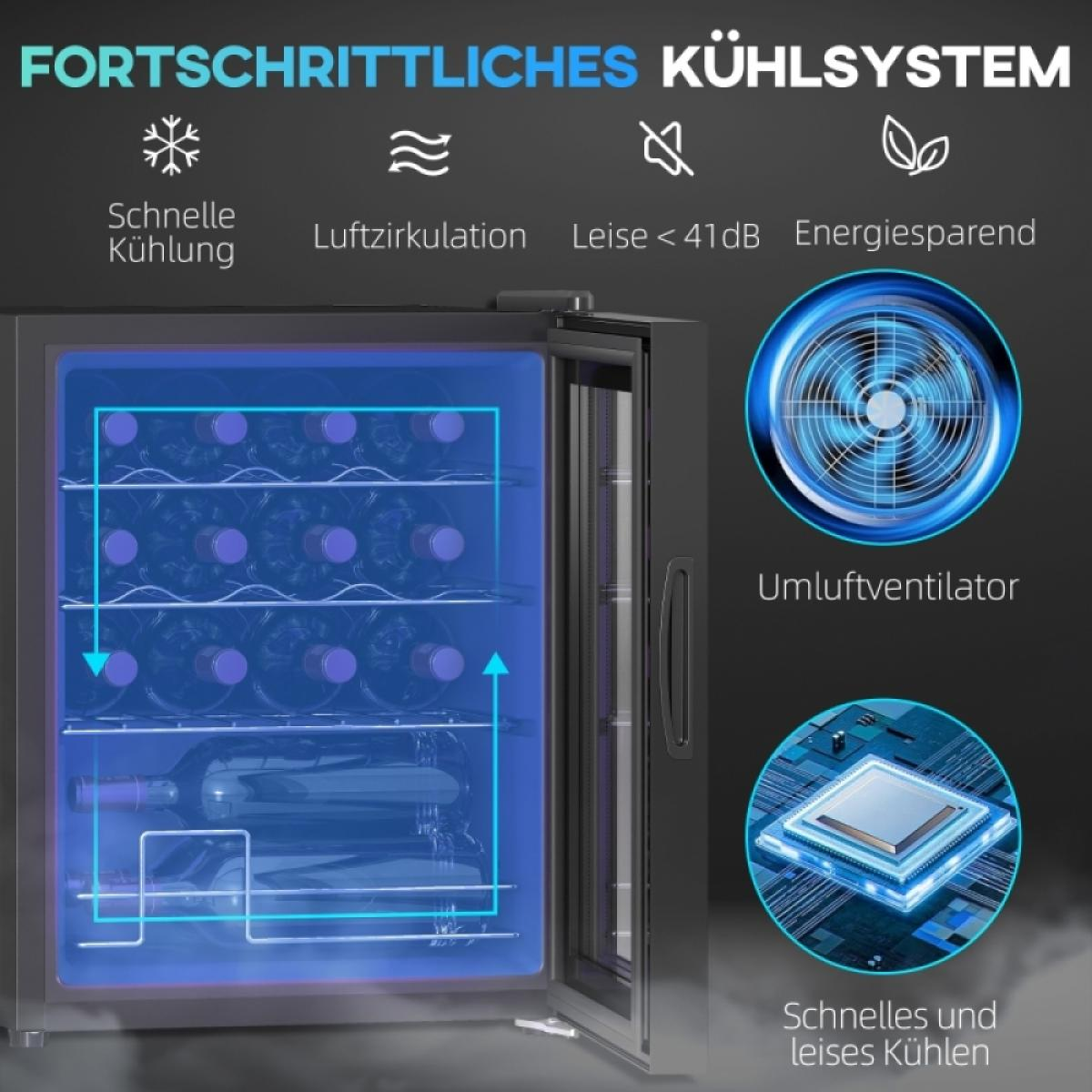 Ein Weinkühler mit offener Tür, der Weinflaschen auf Regalen zeigt. Blaue Luftstromlinien heben das Kühlsystem hervor.