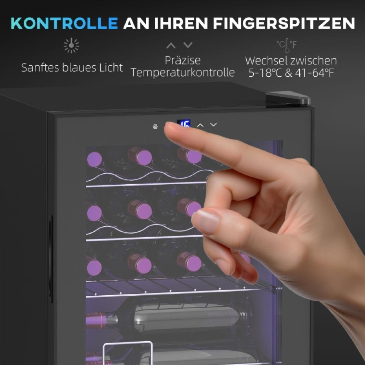 Eine Hand zeigt auf die Anzeige eines Weinkühlers. Der Kühler hat Flaschen und Text zur Temperaturregelung und blauem Licht.